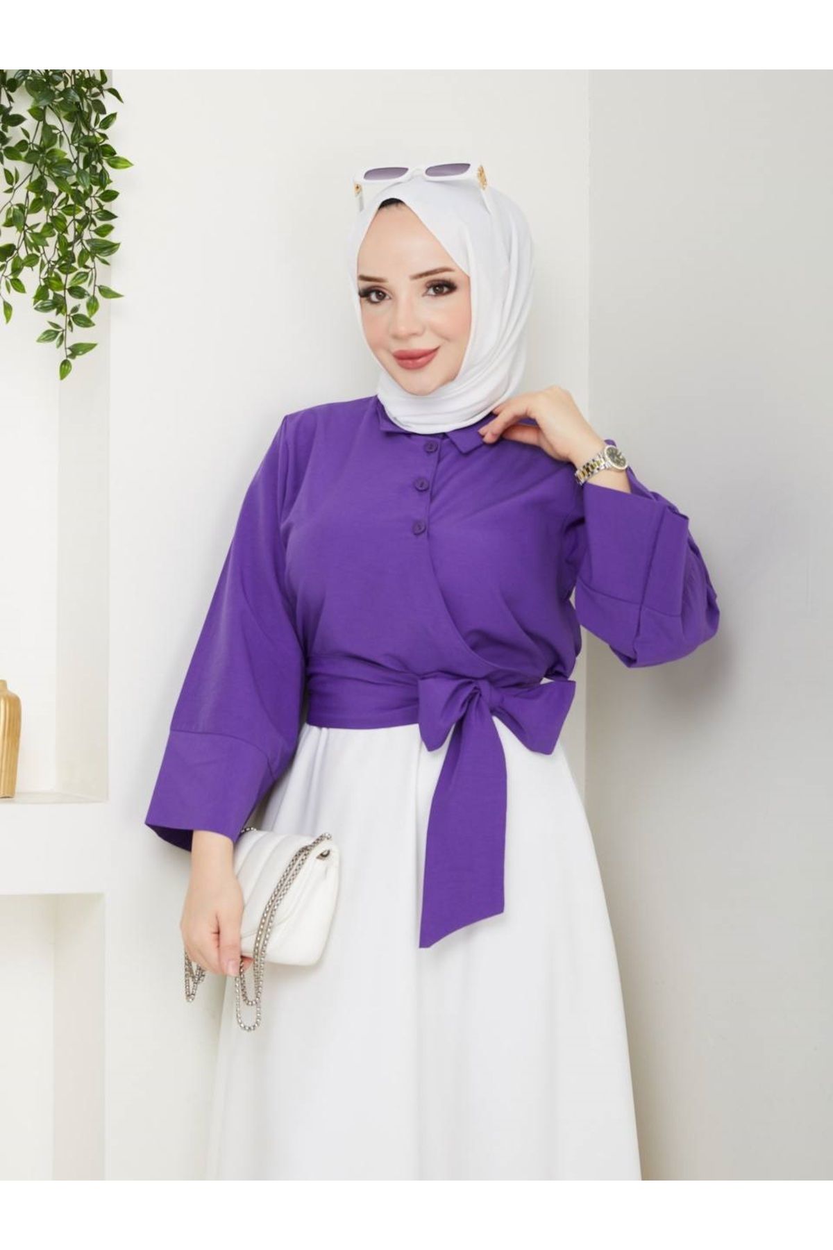 Aşkın fashion fiyonk detaylı asimetrik gömlek