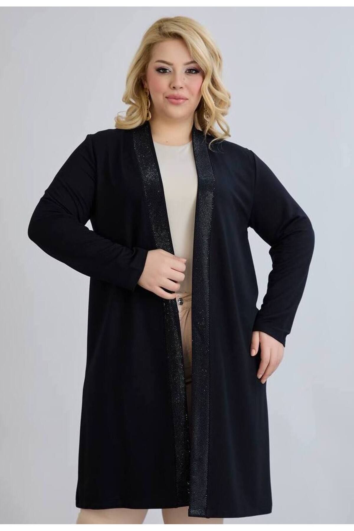 FOR ESRA BIG TREND Kadın Büyük Beden Ön Parlak Şerit Ön Açık Esnek Uzun Viskon Hırka