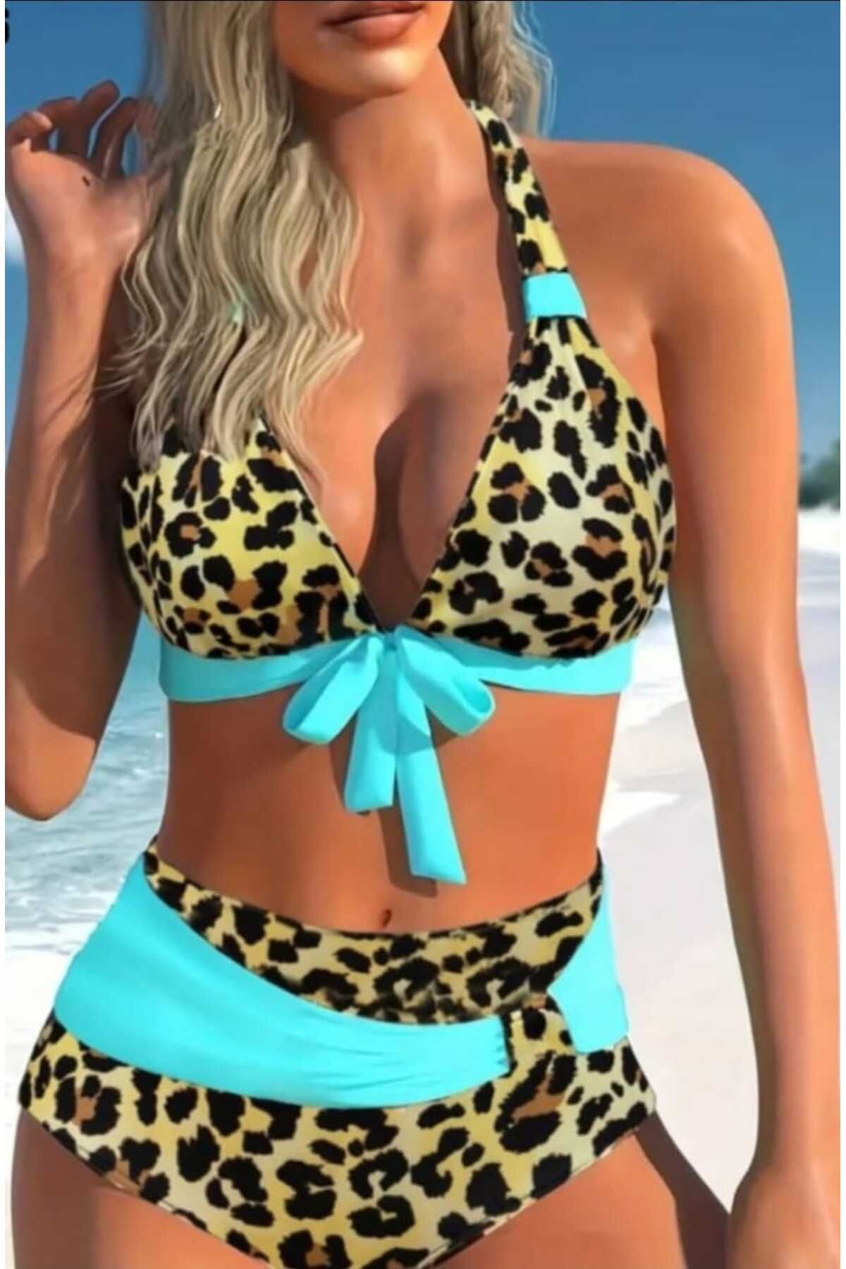 ELEGANT DREAM Kadın Leopar Desenli Kurdela Yamaçlı Yüksek Bel Dalgıç Bikini Takımı