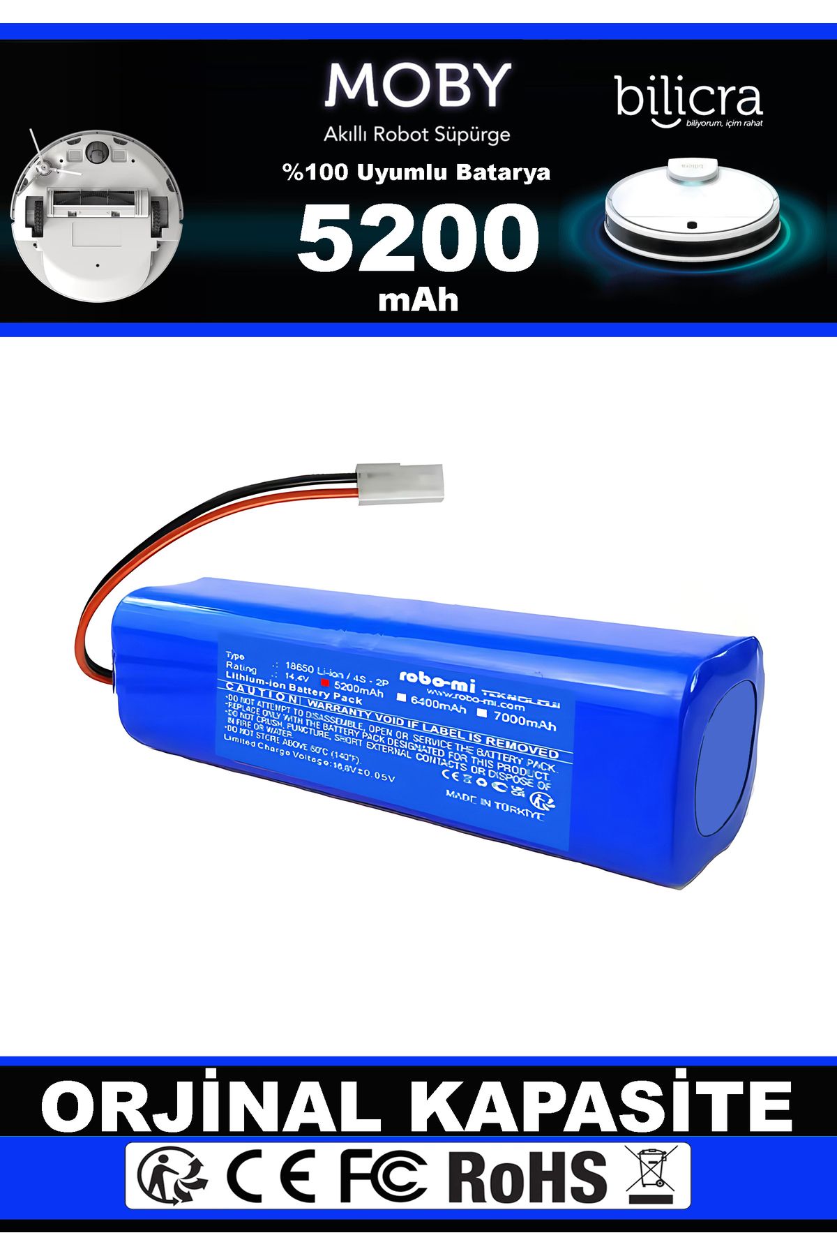 robo-mi Bilicra Moby Akıllı Robot Süpürge Uyumlu Batarya 5200 mAh