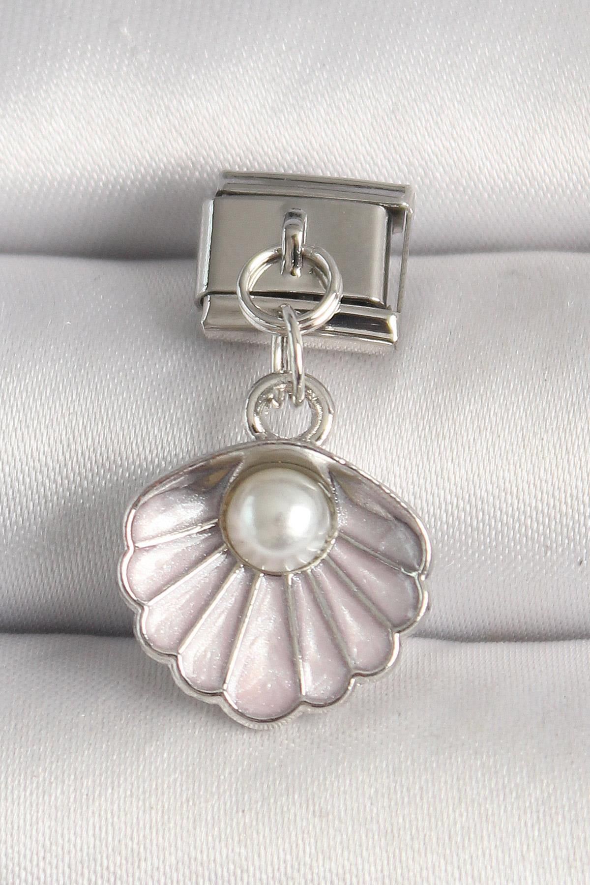 prativas 316L Çelik Gümüş Renk Pembe Deniz Kabuğu Model İnci Detay Nomination Charm