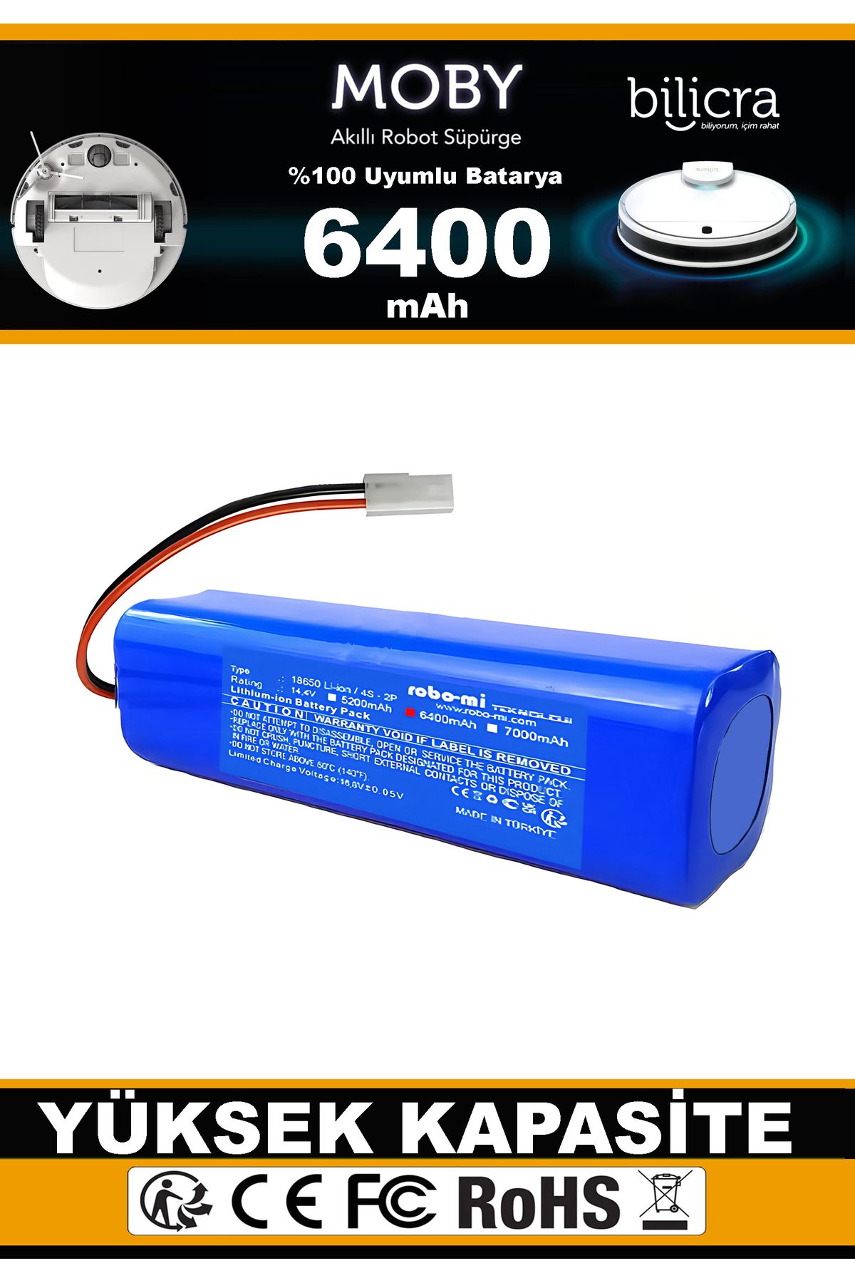 robo-mi Bilicra Moby Akıllı Robot Süpürge Uyumlu Batarya 6400 mAh (Yüksek Kapasite)