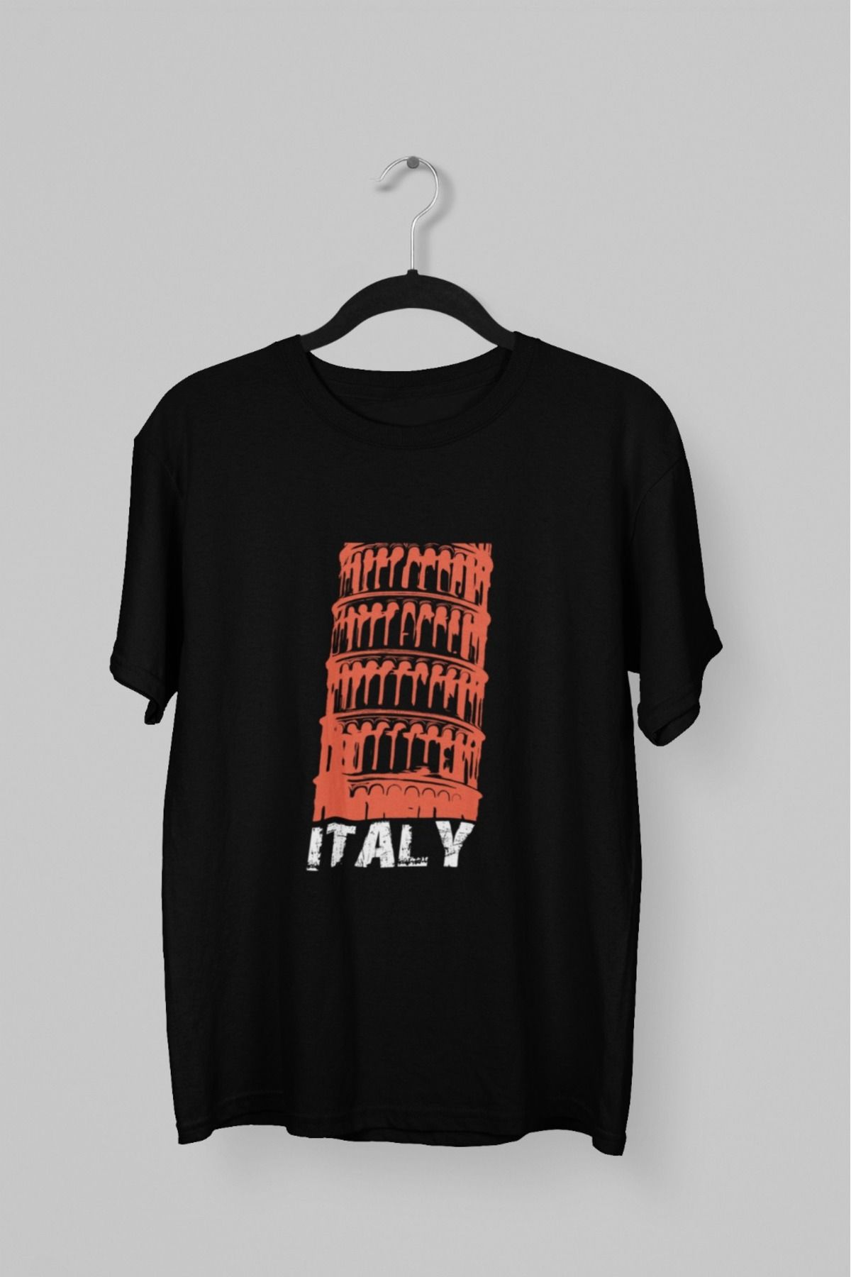 Butik ERKEK/KADIN -PİZZA KULESİ- TRANSFER BASKILI YUVARLAK YAKA KISA KOL TİŞÖRT
