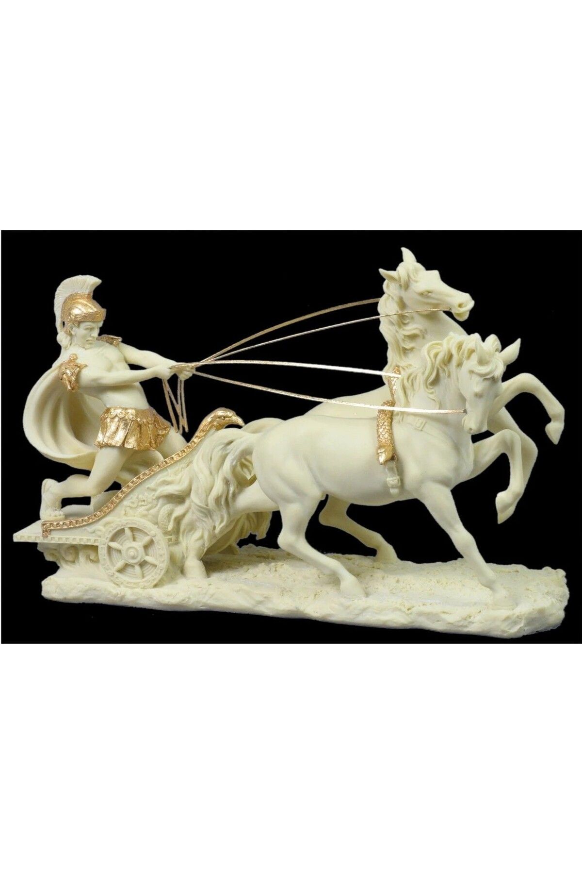 AYDINARTSHOP Fildişi Görünümlü Roma Savaş Arabası Heykeli – 64 cm Altın Detaylı Koleksiyon Figürü