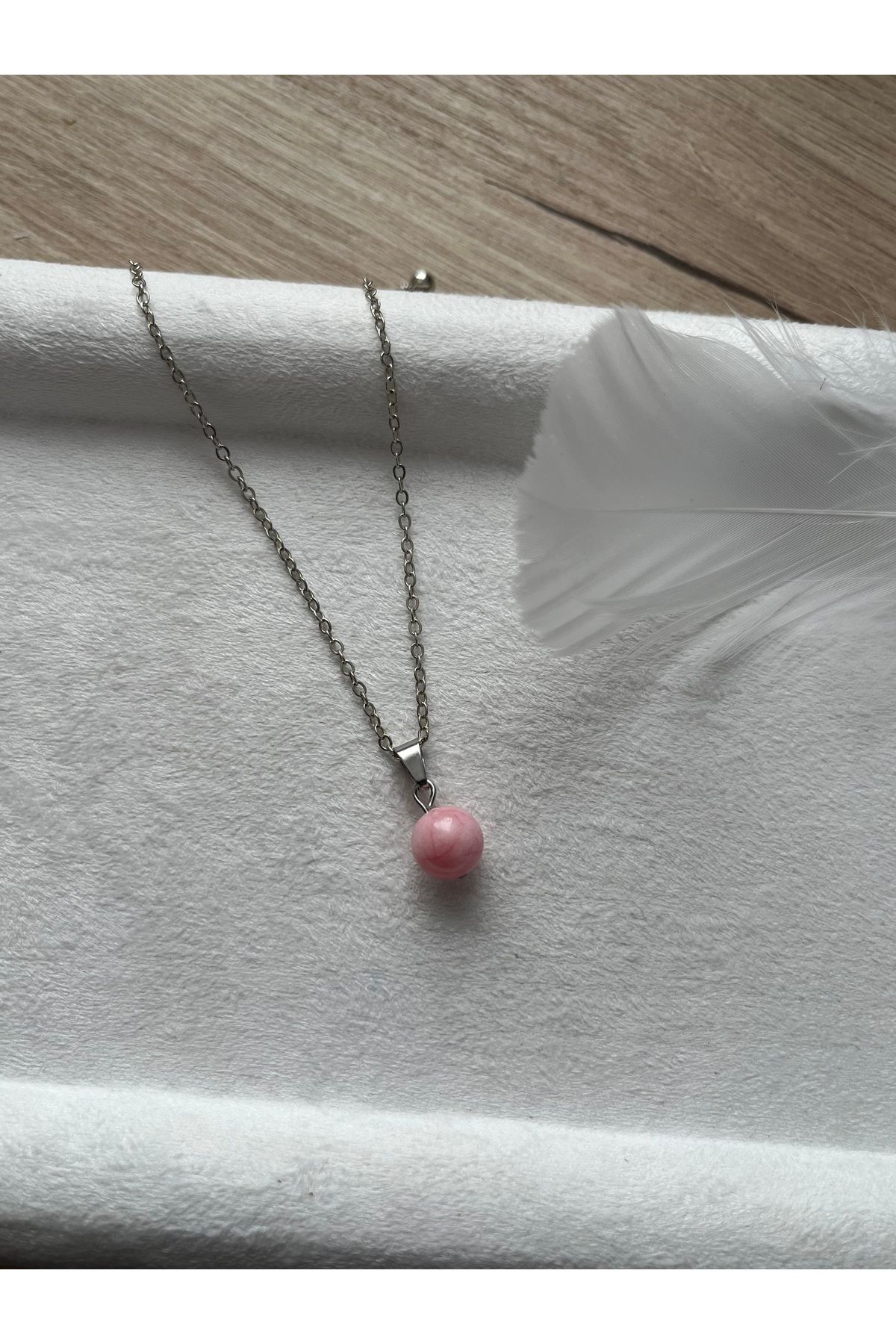 Pel Design 8 mm Pembe Opal Taşı Gümüş Kaplama Kolye
