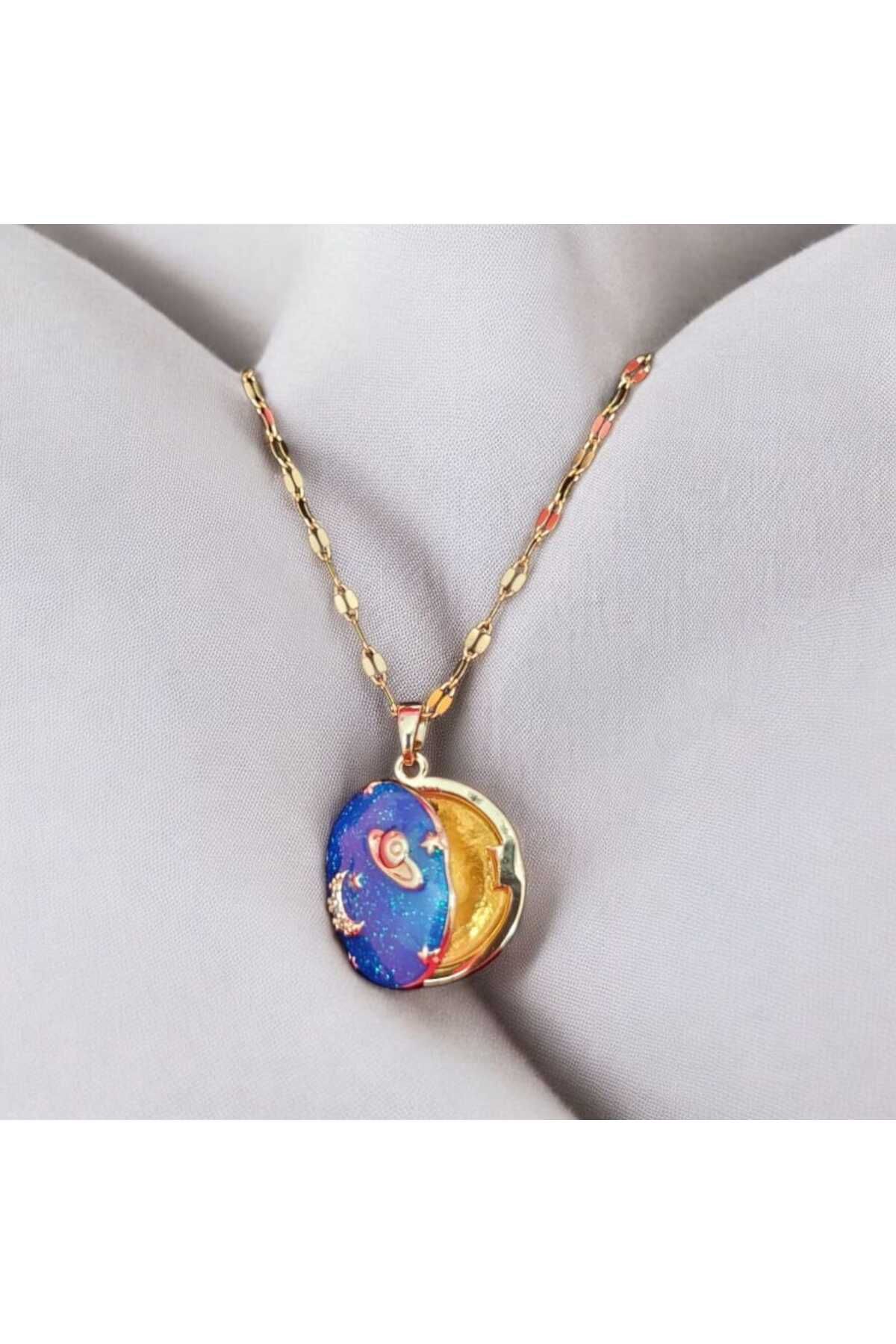 RusecaStainless Ruseca Jewelry Uzay Desenli Mavi Katlanır Kolye GOLD