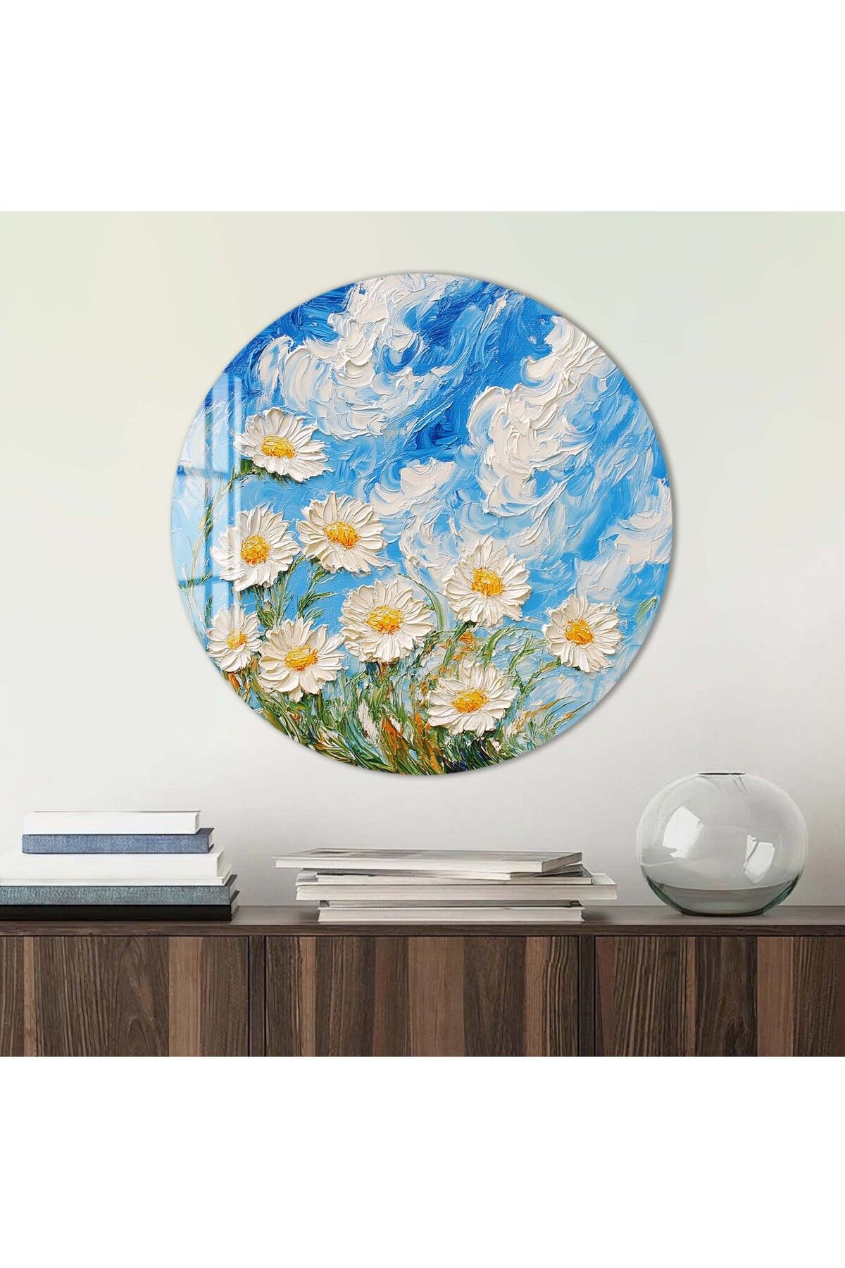 Artmate Yuvarlak Temperli Kırılmaz Çiçek Cam Tablo