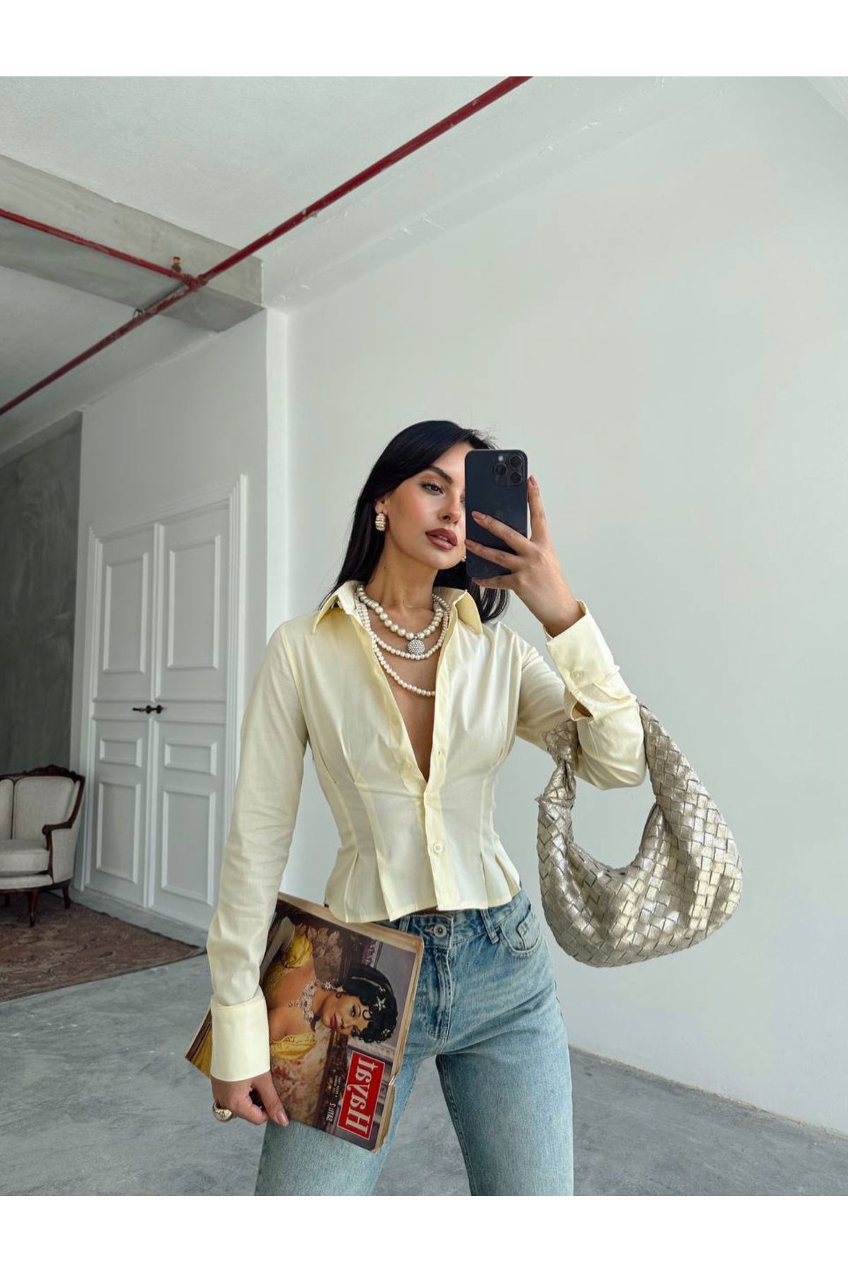 LOI Butik Sarı belden oturtmalı gömlek