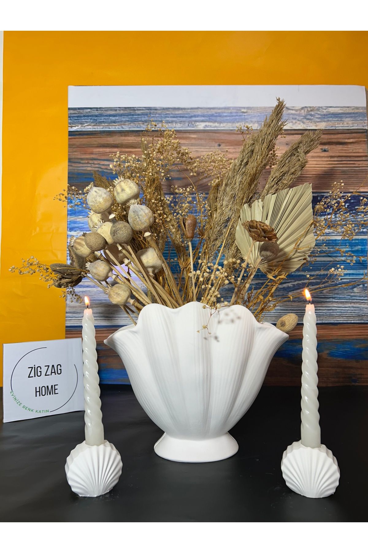 Zigzag Home İstiridye Vazo Büyük Boy / 2 Adet İstiridye, Midye Mumluk Hediyeli Bohem Dekoratif Midye vazo set