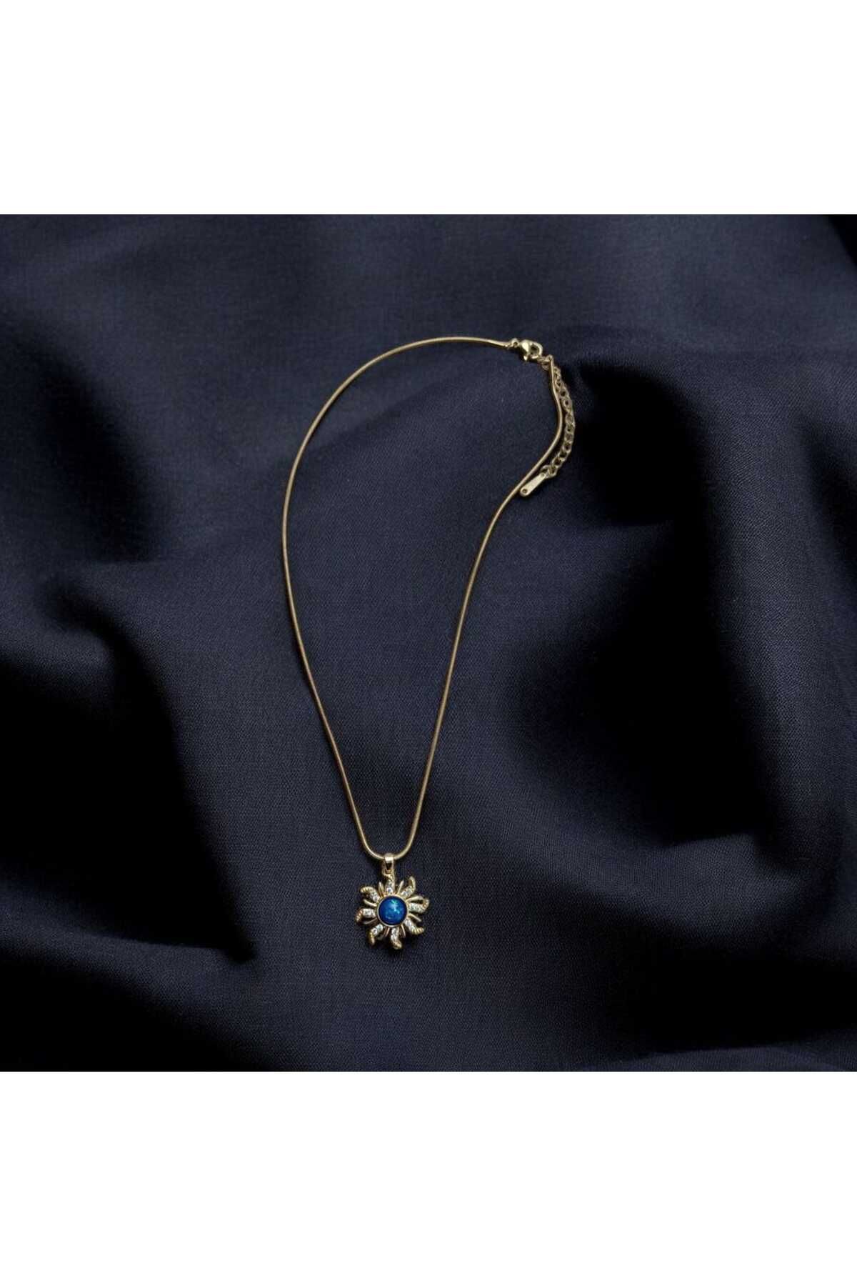 RusecaStainless Ruseca Jewelry Mavi Zirkon Taş Güneş Motifli Şık Ve Zarif Kolye GOLD