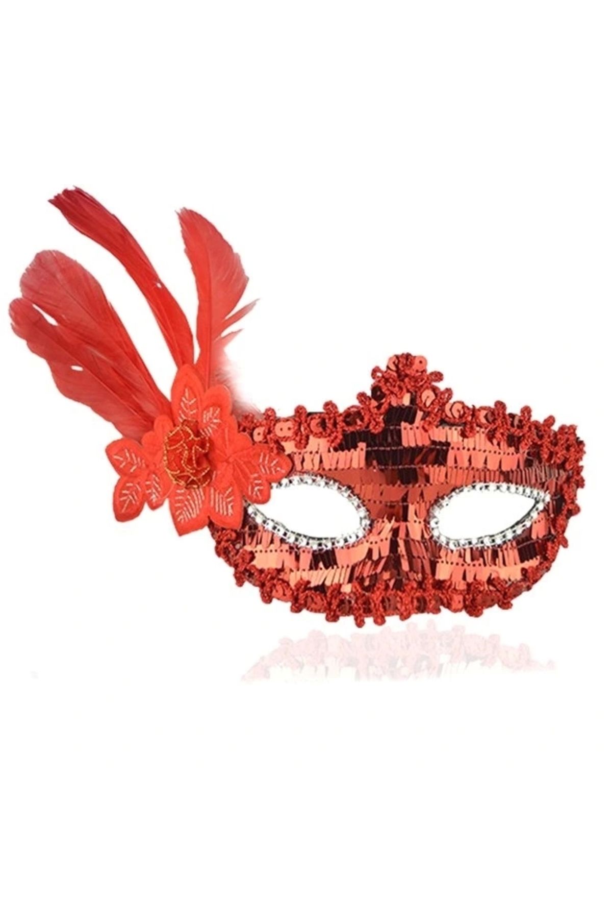 STOREMAX Kırmızı Payetli Pullu Kırmızı Renk Yandan Tüylü Parti Maskesi 18x22 cm (5047)