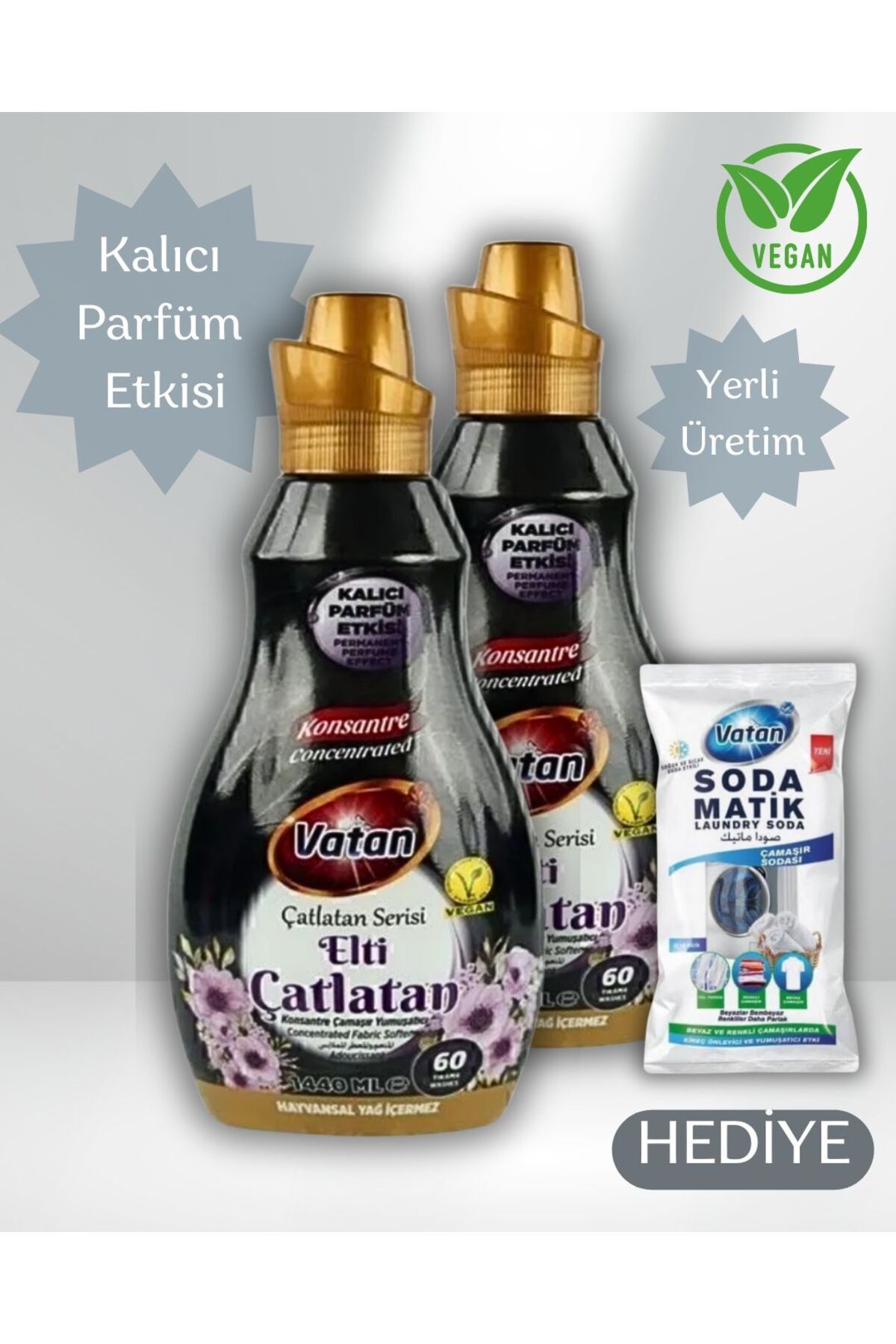 Vatan 2 Adet Elti Çatlatan Konsantre Çamaşır Yumuşatıcısı HEDİYE ÇAMAŞIR SODASI - %100 Vegan, 1440 ml