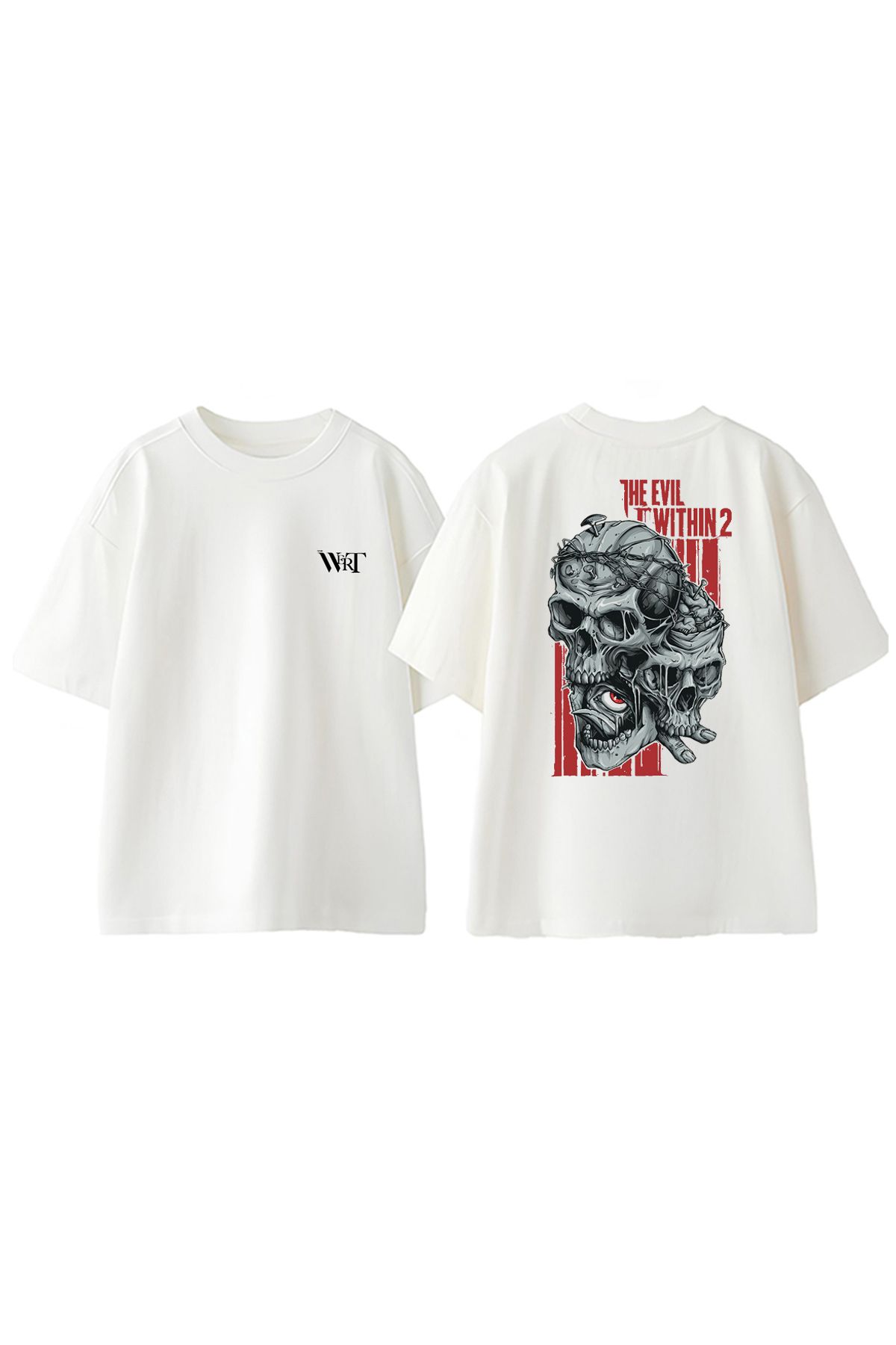 THEWERT The Evil Within 2 Tasarım Sırt Baskılı Pamuk Beyaz Oversize T-shirt