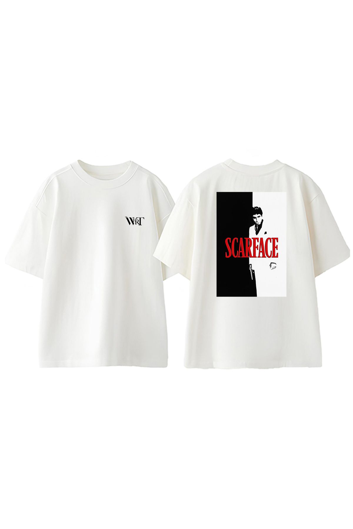 THEWERT Scarface Poster Tasarım Sırt Baskılı Pamuk Beyaz Oversize T-shirt