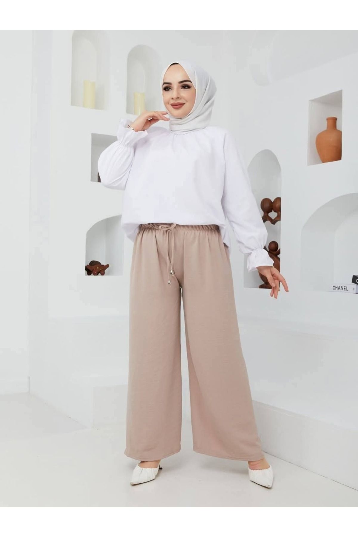miss fasion Beli Lastikli Salaş Keten Pantolon Bol Paça