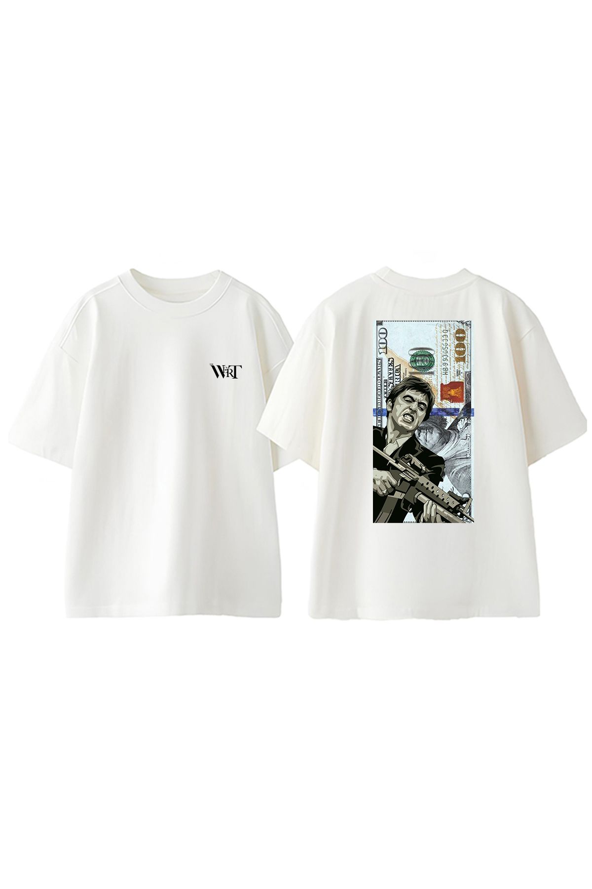 THEWERT Tony Montana Dolar Tasarım Sırt Baskılı Pamuk Beyaz Oversize T-shirt