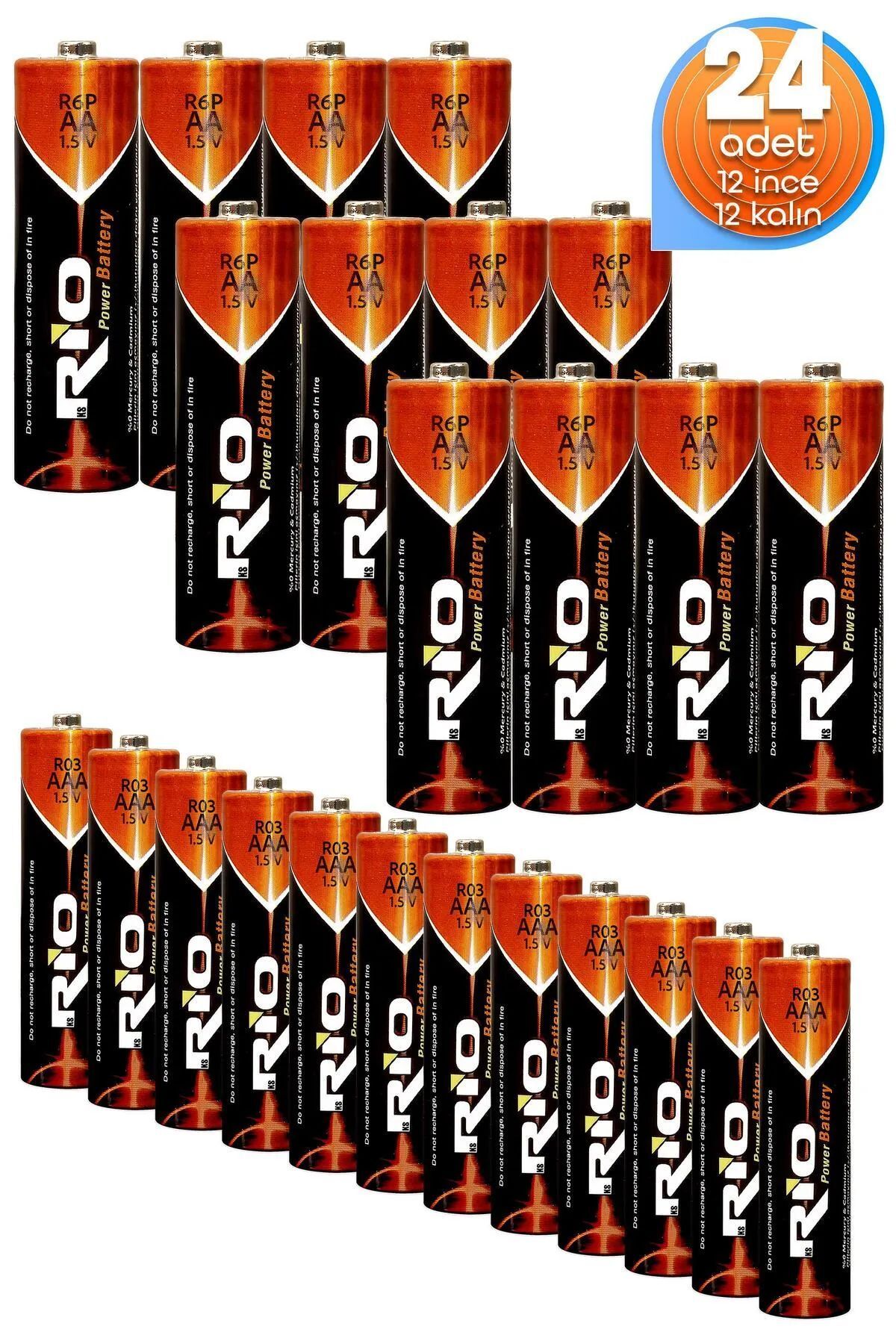Soft Kare Rio 24lü (12 AA 12 AAA) Ince Ve Kalın Kalem Pil Seti Saat R03 Ve R6p Pili Çinko Karbon Pil Zn-c