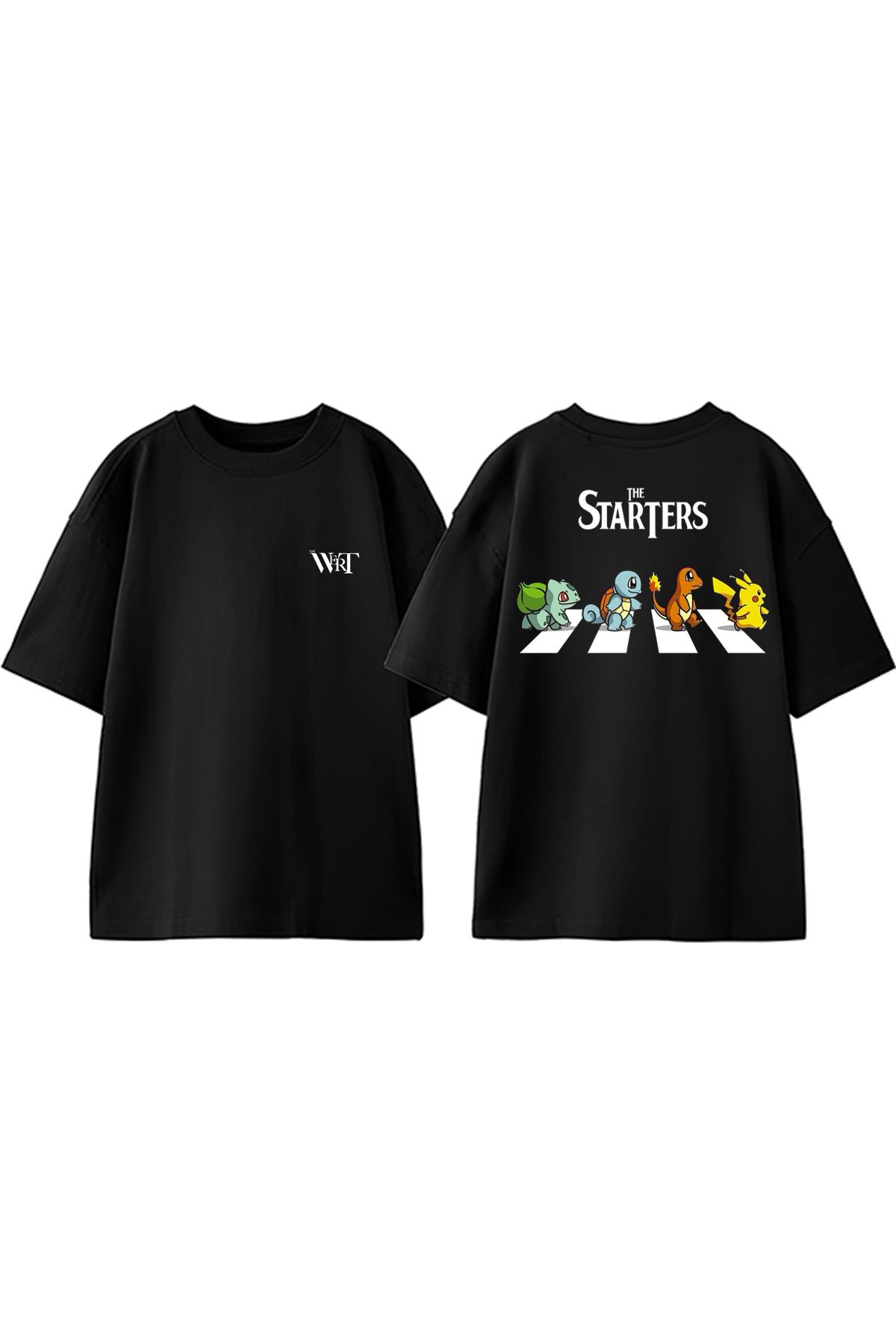 THEWERT Pokemon The Starters Tasarım Sırt Baskılı Pamuk Siyah Oversize T-shirt