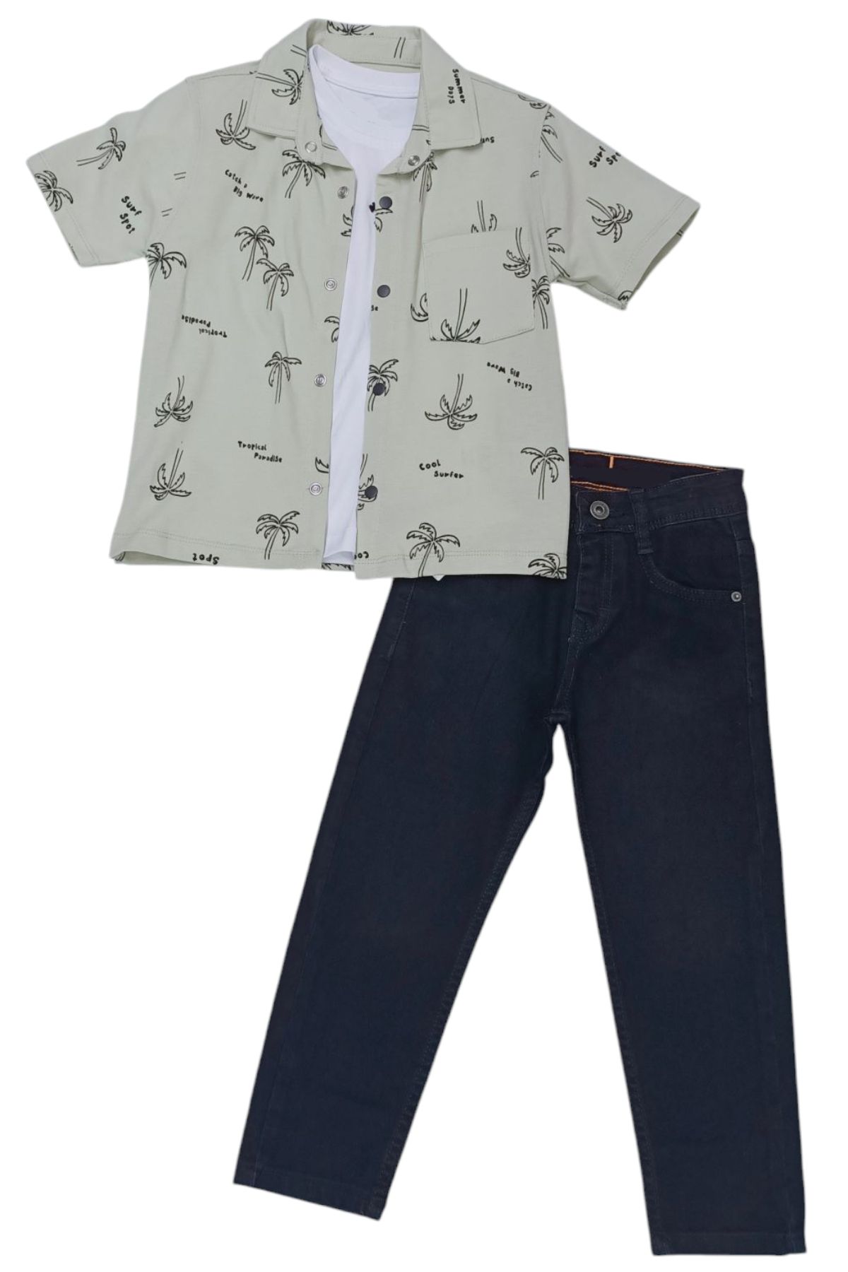 İrem Çocuk Giyim-Boy's Palm Patterned Shirt and Trousers Beige Triple Set with Snap Closure 1