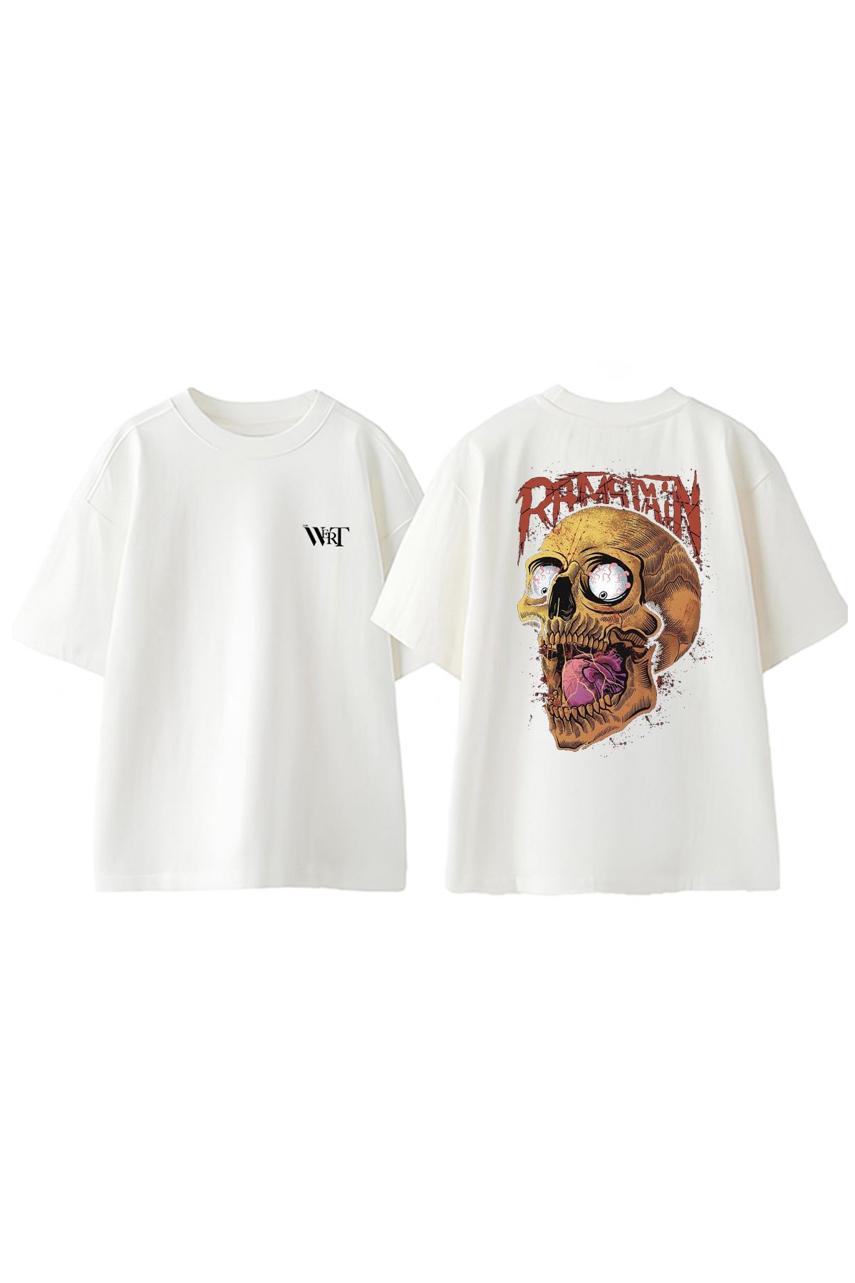 THEWERT Ramstain Skull Tasarım Sırt Baskılı Pamuk Beyaz Oversize T-shirt