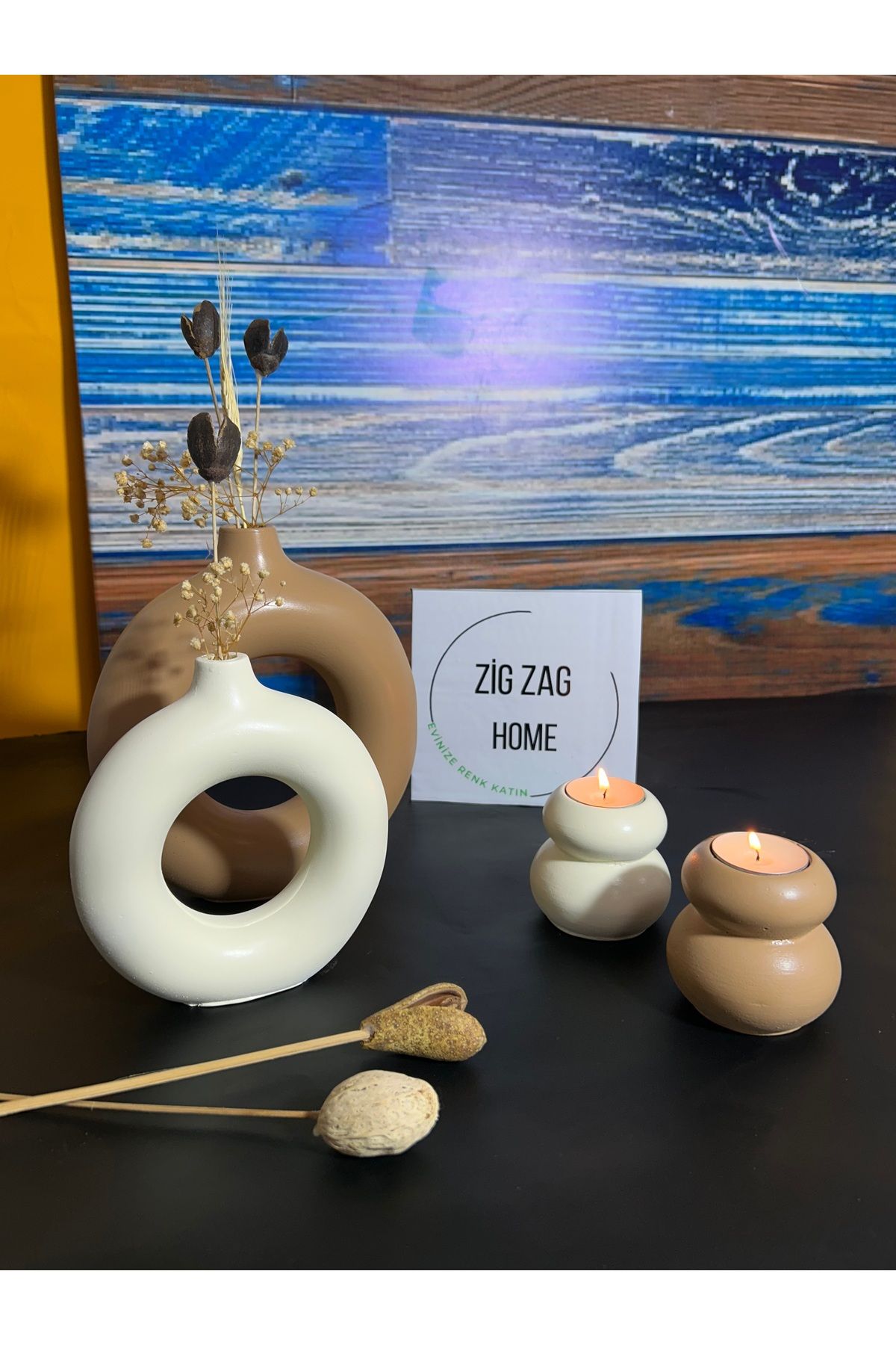 Zigzag Home Dekoratif Bohem Tarz Halka Vazo 2’Li Yuvarlak Mumluk 2’Li Vazo set dekorasyon