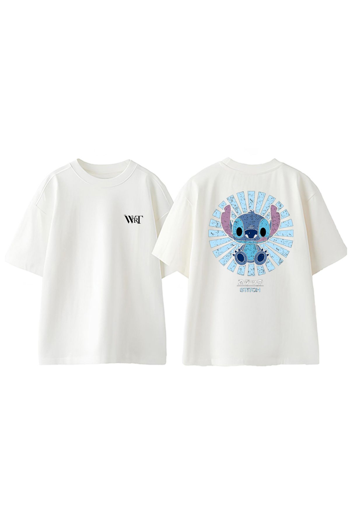 THEWERT Stitch Retro Vintage Tasarım Sırt Baskılı Pamuk Beyaz Oversize T-shirt