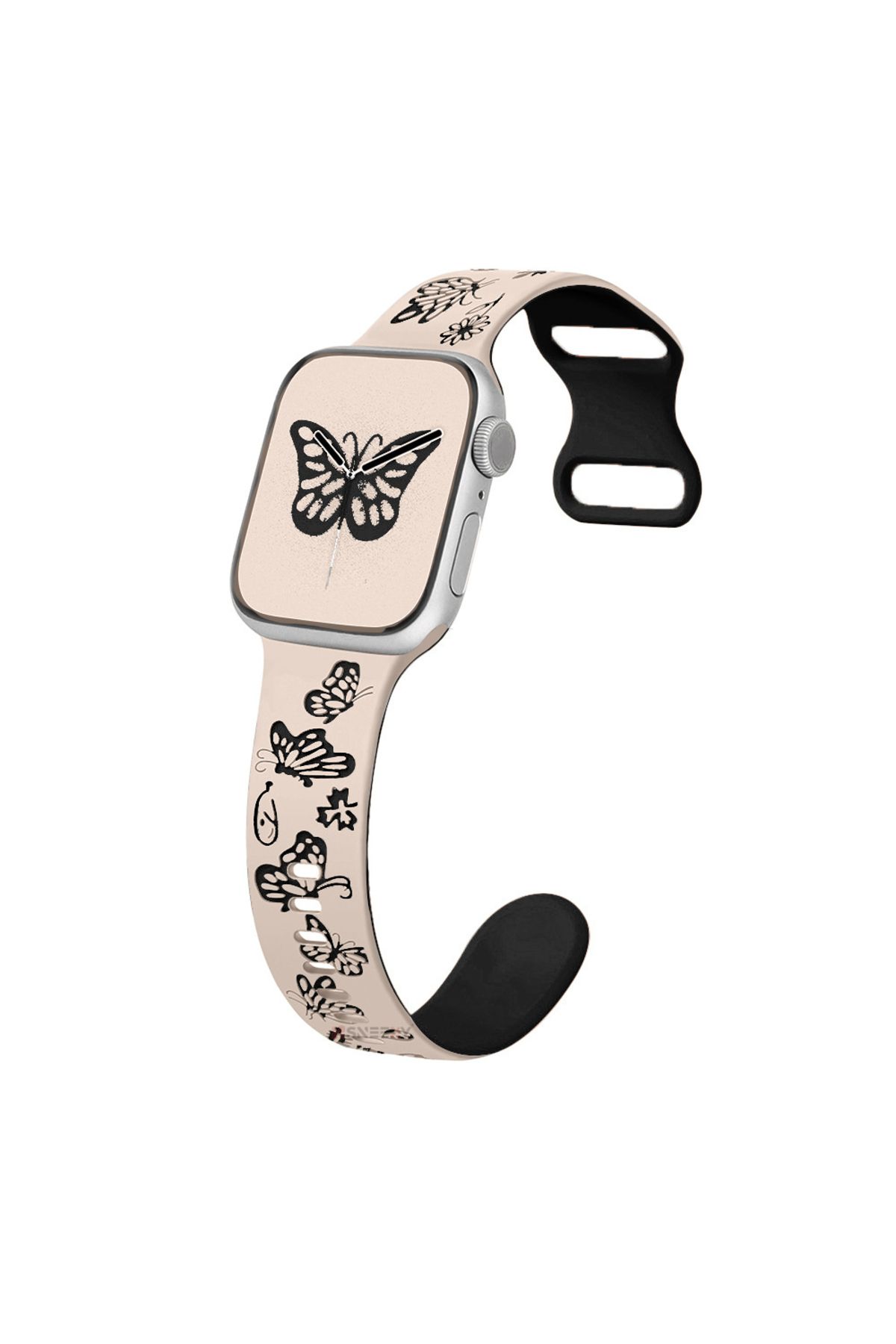 Sneezy Apple Watch Uyumlu 44 45 46mm Kelebek Desenli Yumuşak Silikon Kordon Seri 2 3 4 5 6 Se 7 8 9 10