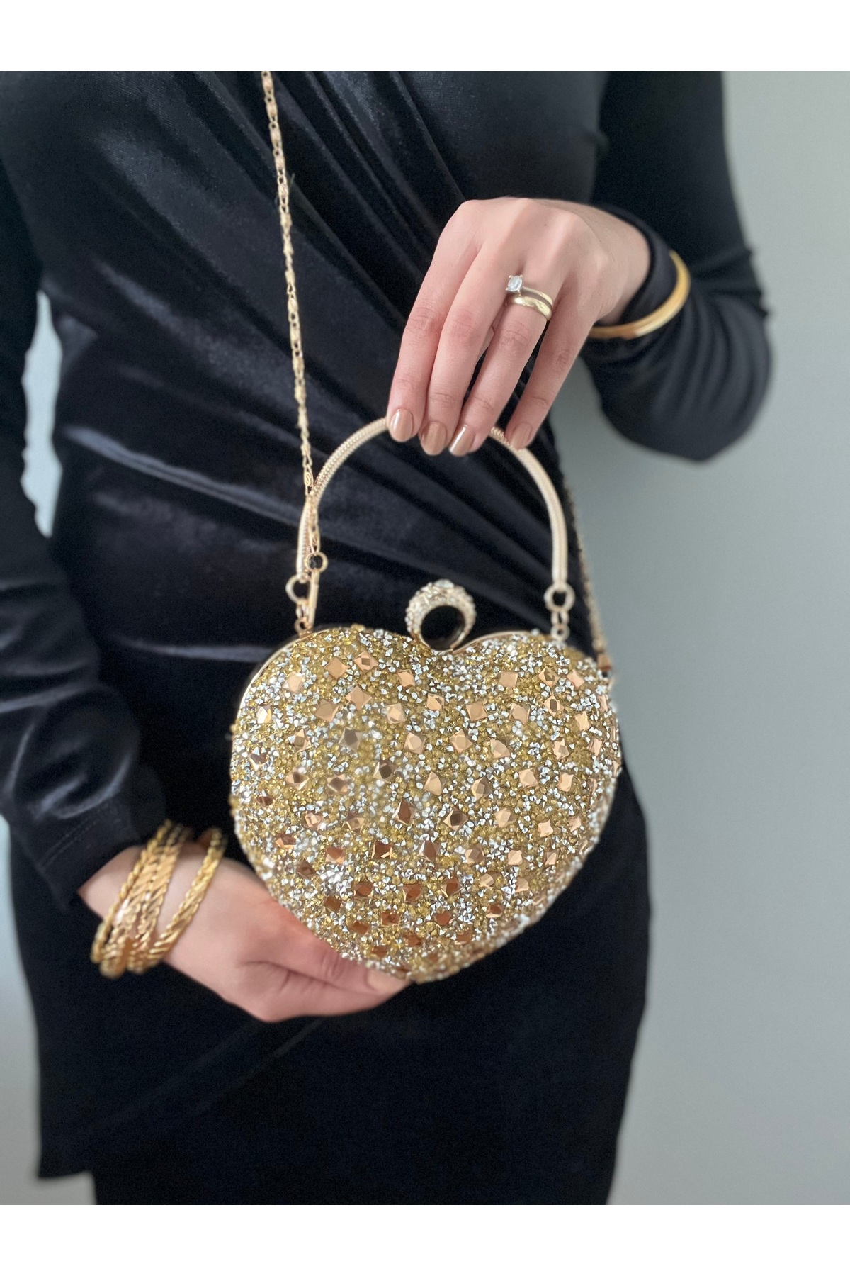 Baykuş Boutique Kalpli Abiye Çanta Kadın Kristal Taşlı El ve Omuz Askılı Abiye Çanta görsel 6