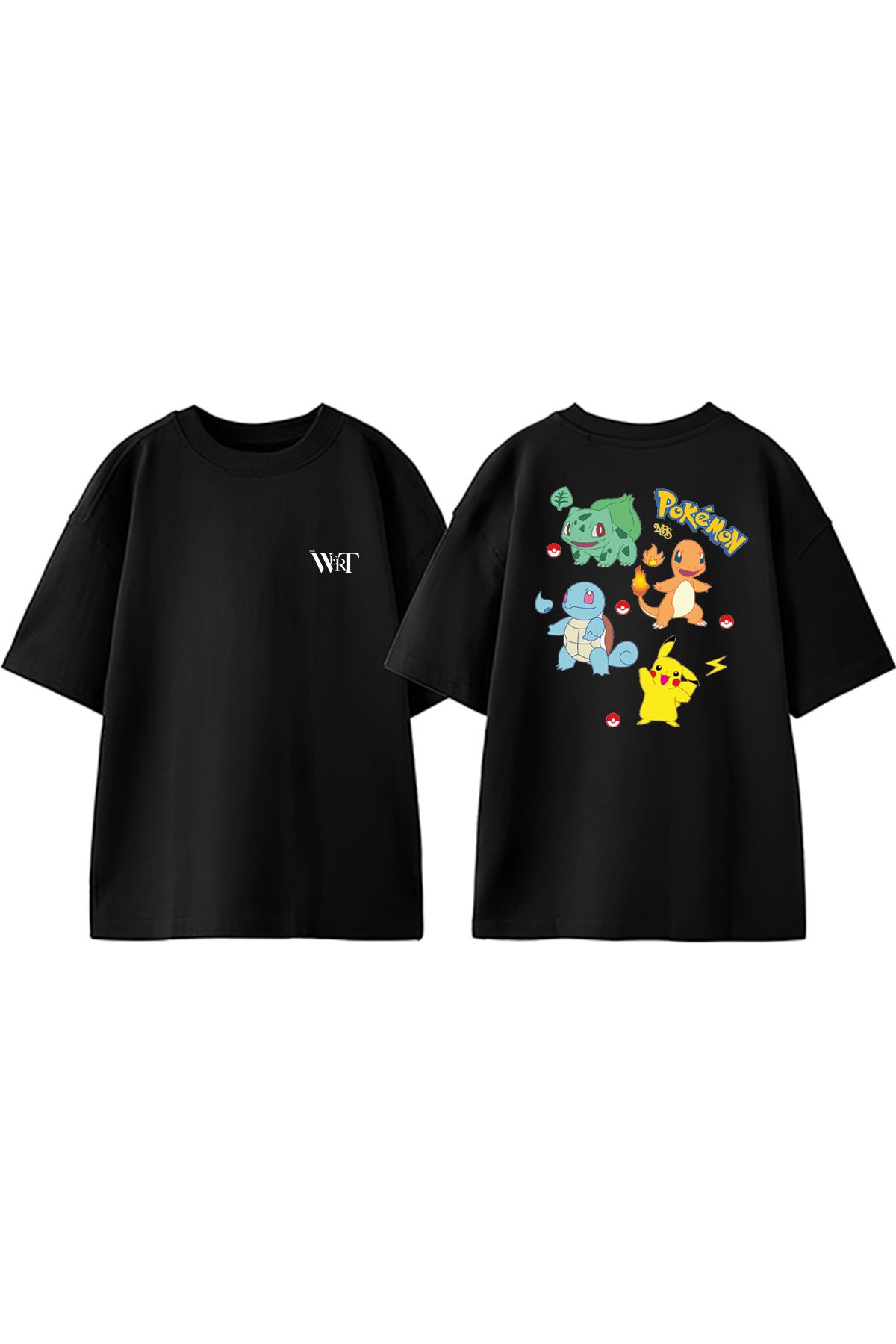 THEWERT Pokemon Karakterler Tasarım Sırt Baskılı Pamuk Siyah Oversize T-shirt