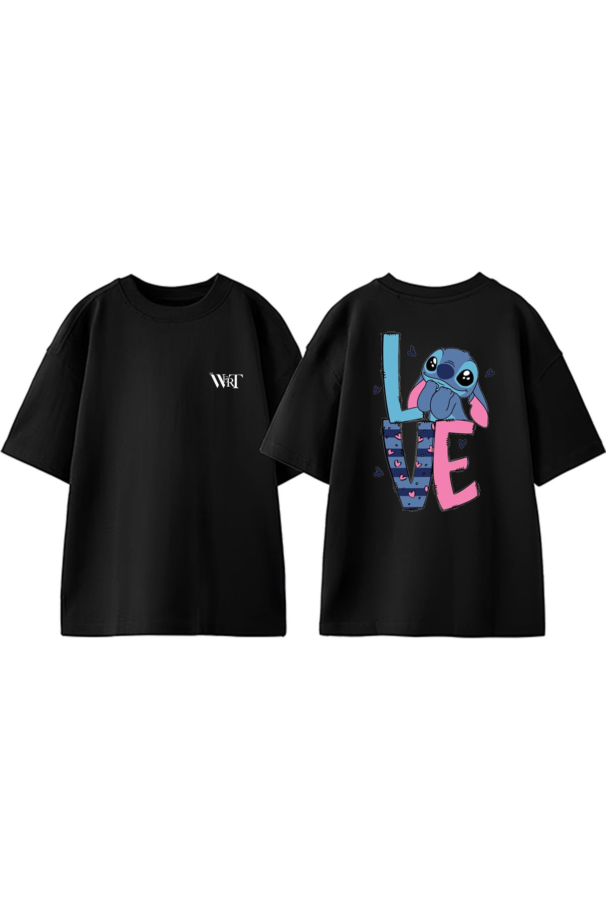 THEWERT Stitch Love Tasarım Sırt Baskılı Pamuk Siyah Oversize T-shirt