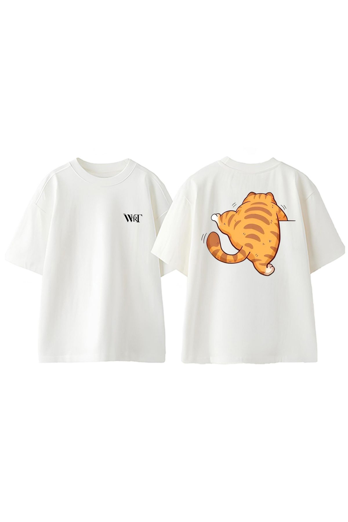 THEWERT Tımanan Sarı Kedi Tasarım Sırt Baskılı Pamuk Beyaz Oversize T-shirt