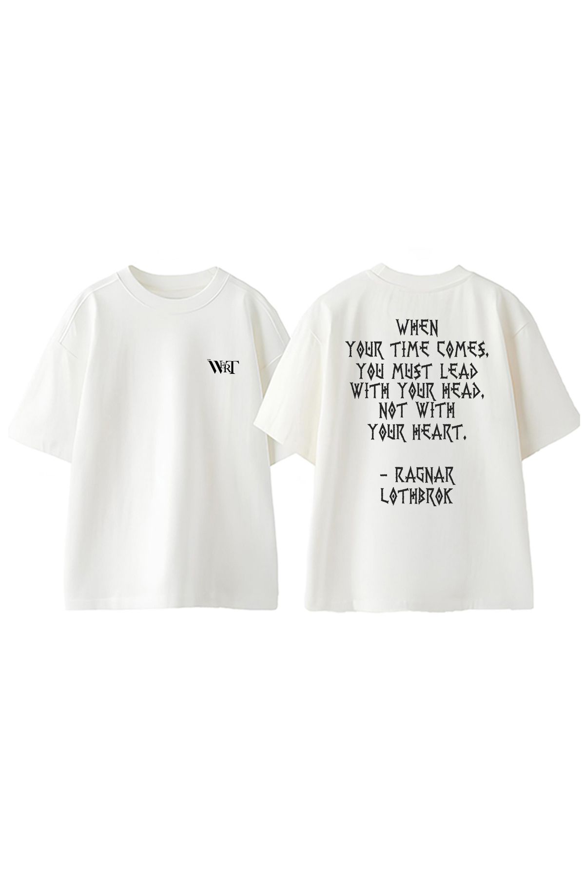 THEWERT Ragnar Lothbrok Yazi Tasarım Sırt Baskılı Pamuk Beyaz Oversize T-shirt