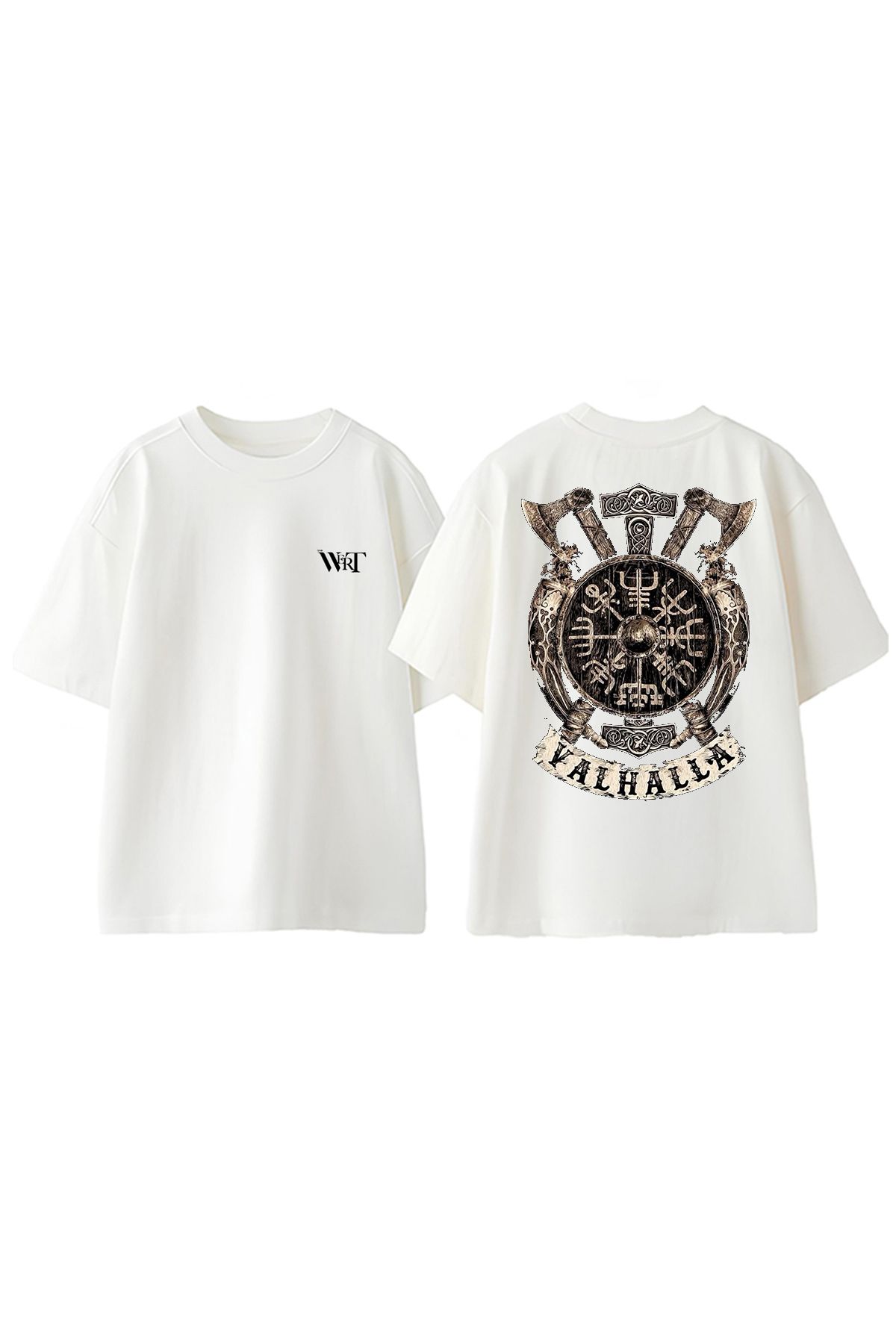 THEWERT Valhalla Balta Çekiç Viking Tasarım Sırt Baskılı Pamuk Beyaz Oversize T-shirt