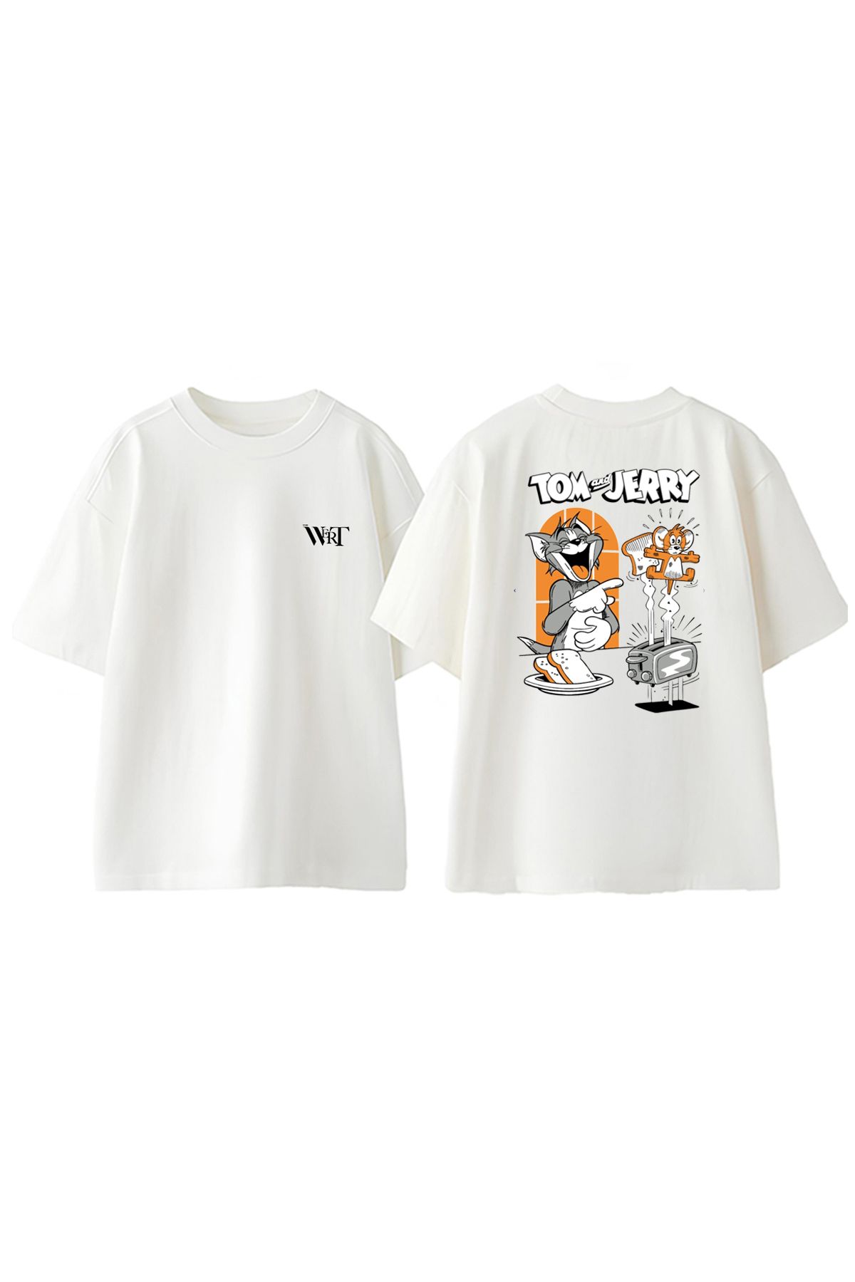 THEWERT Tom Ve Jerry Kahvaltı Tasarım Sırt Baskılı Pamuk Beyaz Oversize T-shirt