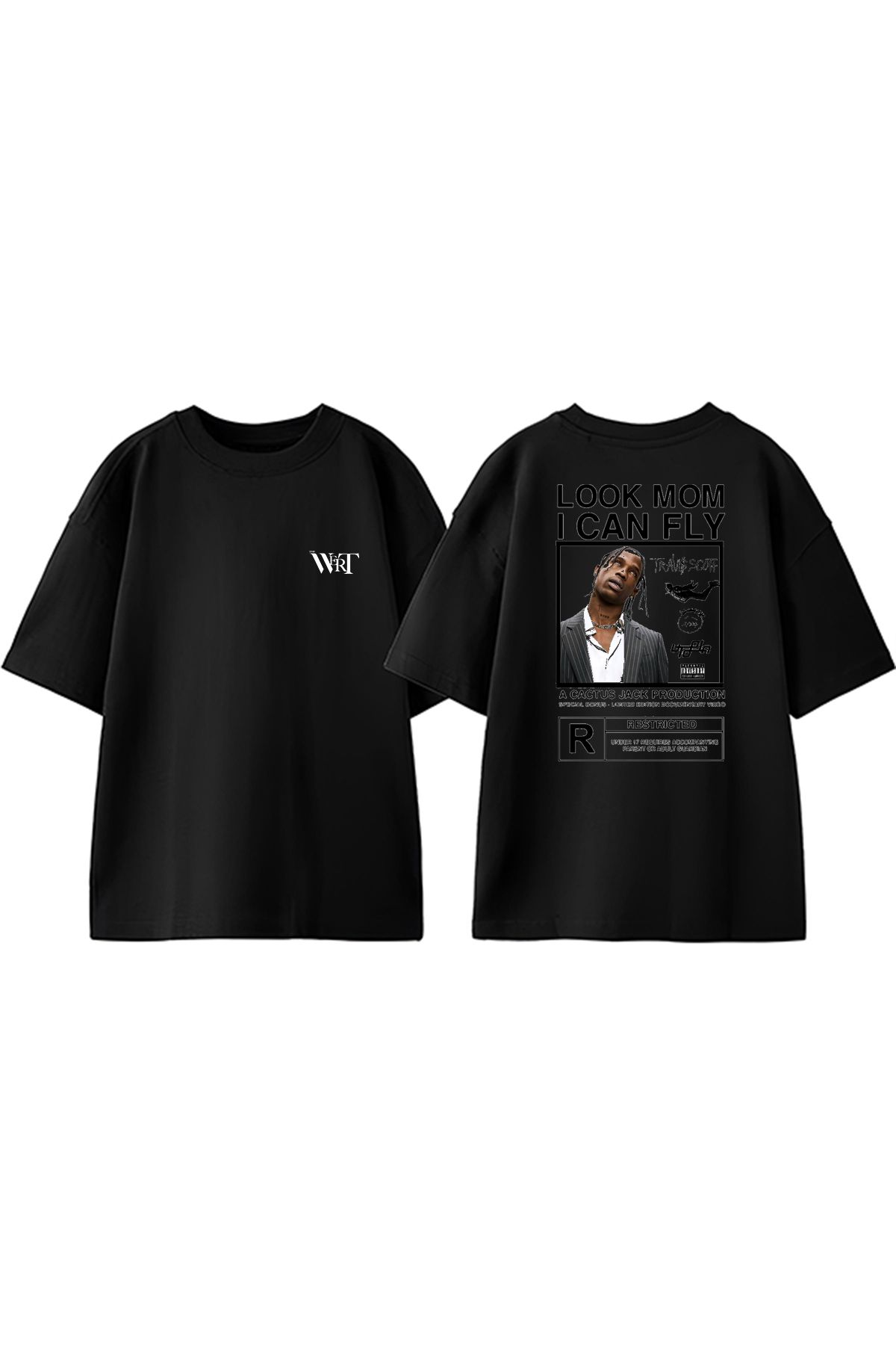 THEWERT Travis Look Mom I Can Fly Tasarım Sırt Baskılı Pamuk Siyah Oversize T-shirt