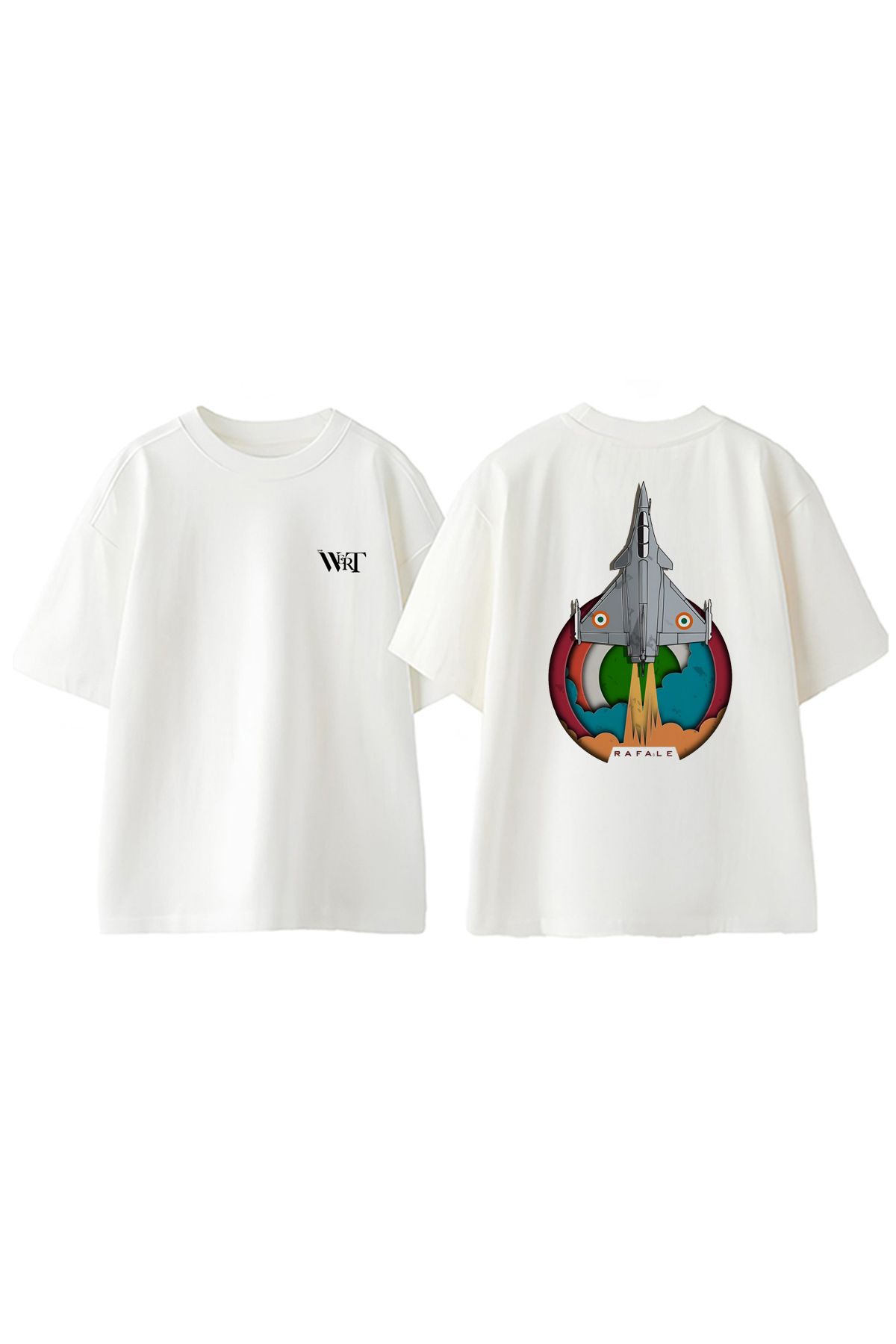THEWERT Rafale Fighter Jet Anime Tasarım Sırt Baskılı Pamuk Beyaz Oversize T-shirt