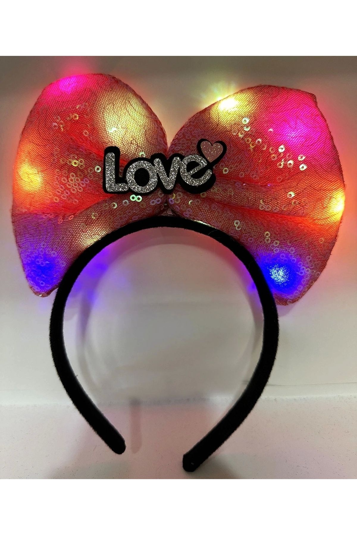 STOREMAX Led Işıklı 3 Farklı Fonksiyonda Yanan Gümüş Love Yazılı Fuşya Pembe Fiyonk Taç 20X17 cm (5047)