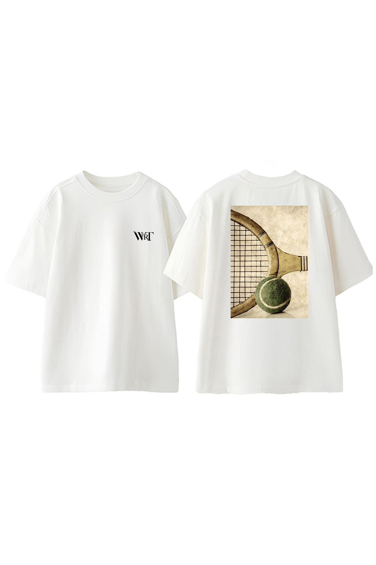 THEWERT Retro Tennis Racket and Ball Design Back Printed Cotton White Oversize T-Shirt