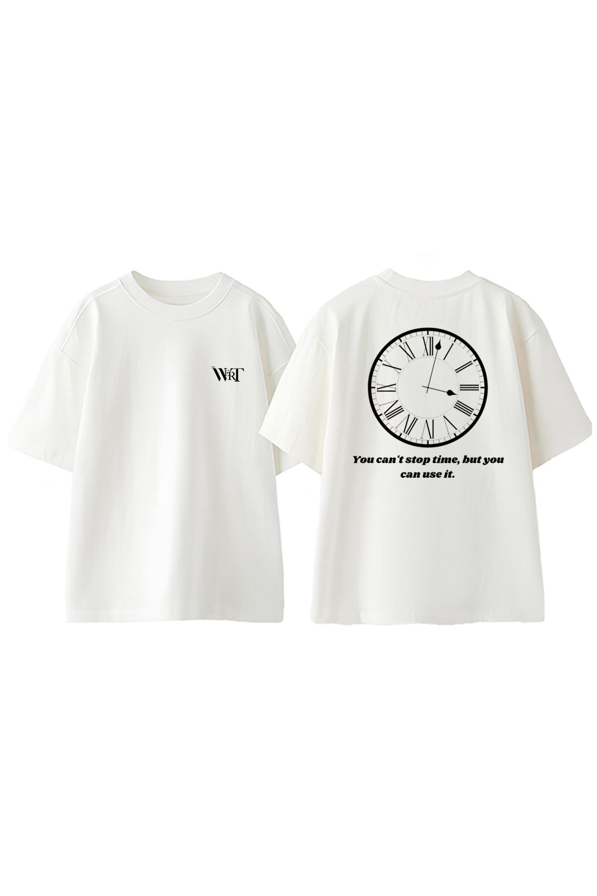 THEWERT Time You Cant Stop Time Tasarım Sırt Baskılı Pamuk Beyaz Oversize T-shirt