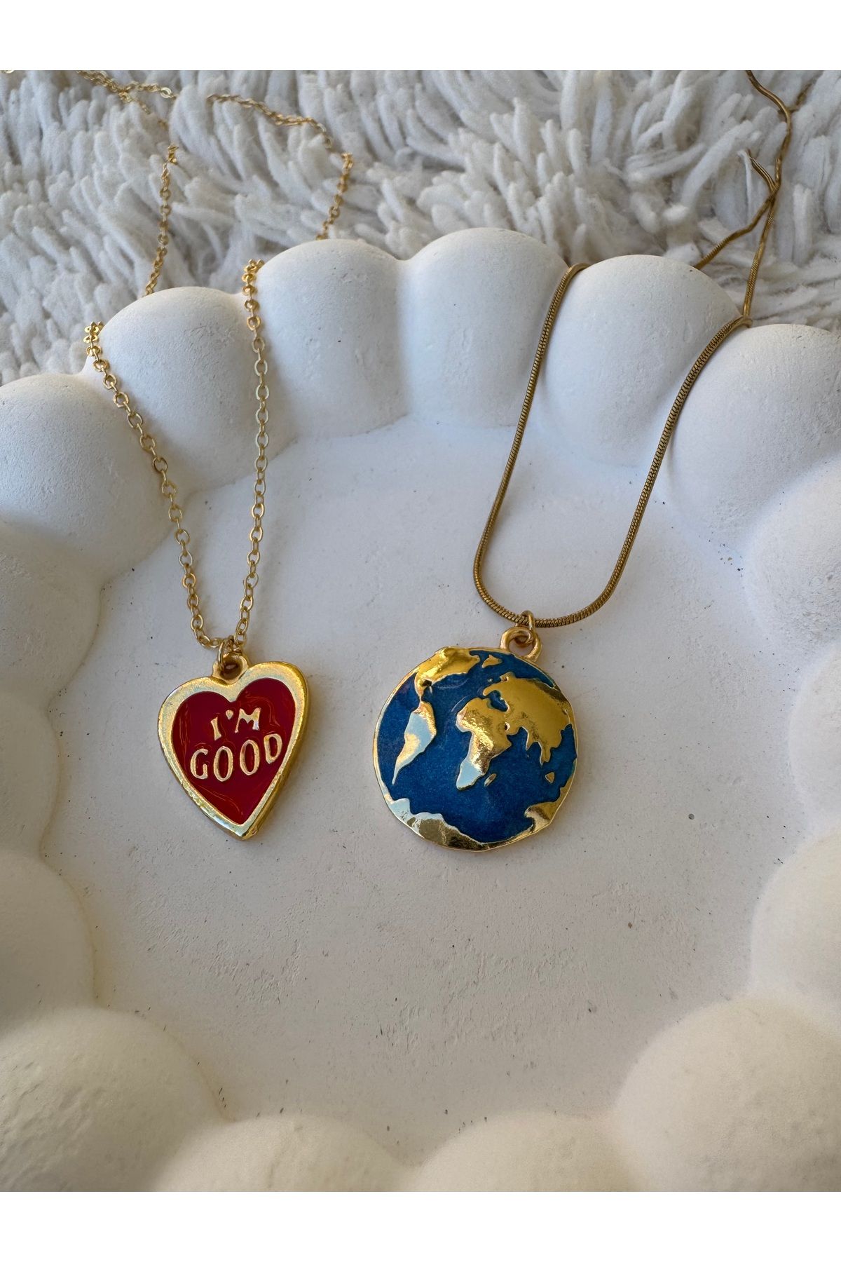 Gleemy accesories Çelik zarif zincir ile Altın Renk Mineli Kalp Model I'M Good ve mineli dünya şık kadın kolye