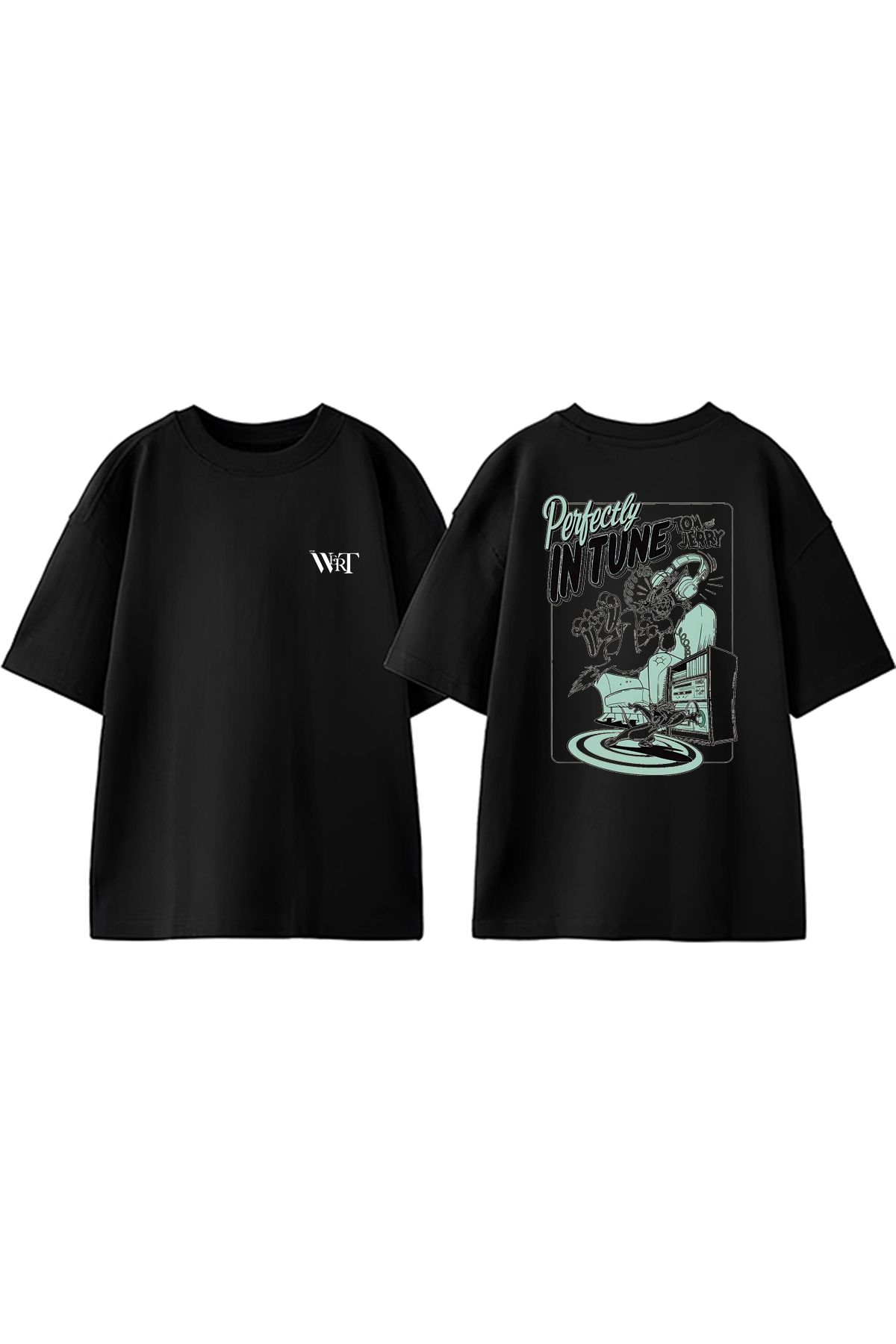 THEWERT Tom And Jerry Perfectly Tasarım Sırt Baskılı Pamuk Siyah Oversize T-shirt