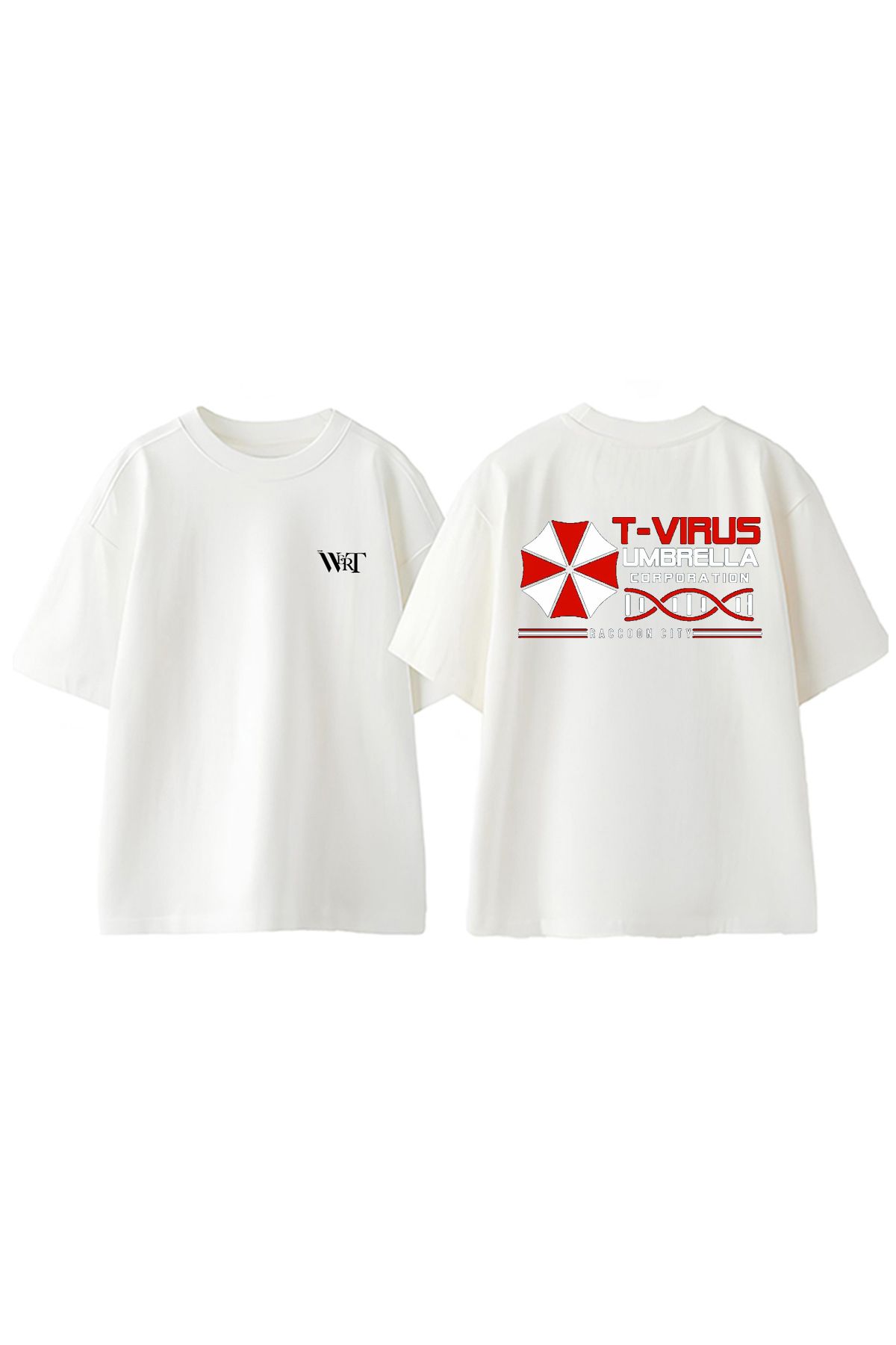 THEWERT T Vırus Umbrella Corporatıon Tasarım Sırt Baskılı Pamuk Beyaz Oversize T-shirt