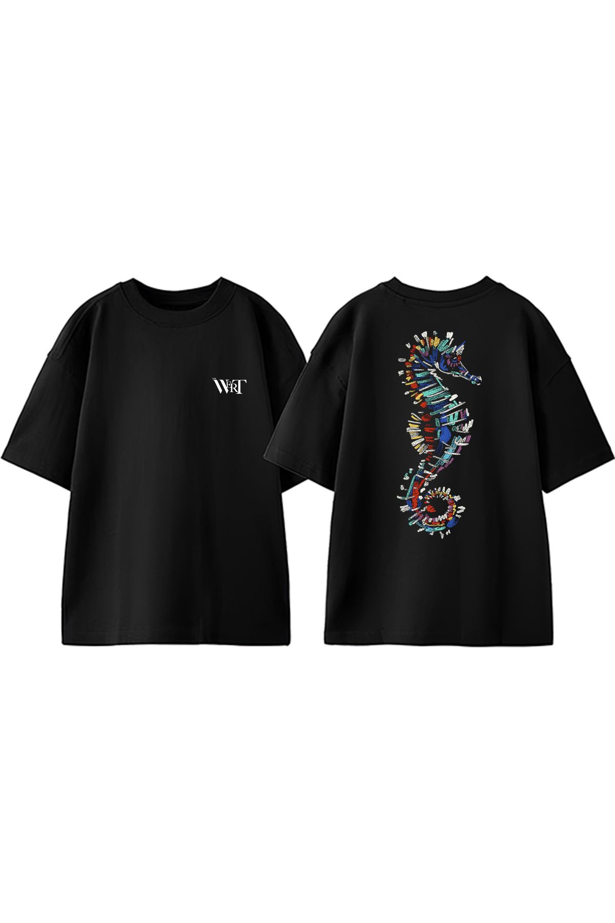 THEWERT Renkli Deniz Atı Tasarım Sırt Baskılı Pamuk Siyah Oversize T-shirt