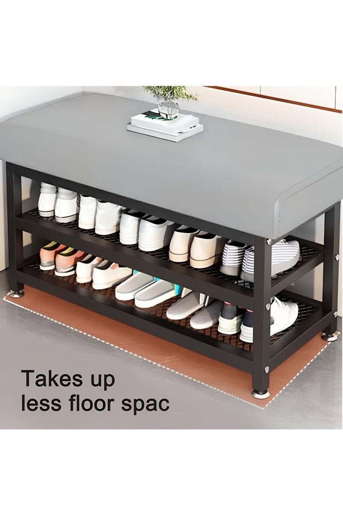 Taimi-2-Tier Shoe Organizer with Padded Seat, Shoe Rack for Bedroom and Hallway 100x32x51cm - Grey 2