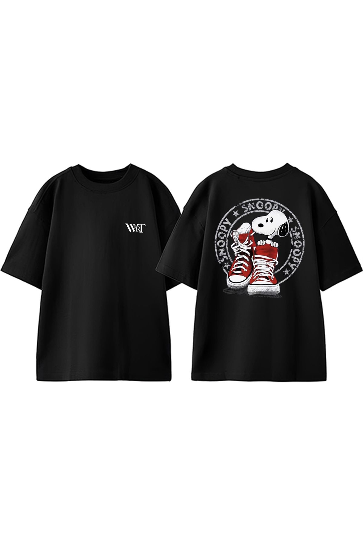 THEWERT Snoopy Ayakkabı Tasarım Sırt Baskılı Pamuk Siyah Oversize T-shirt