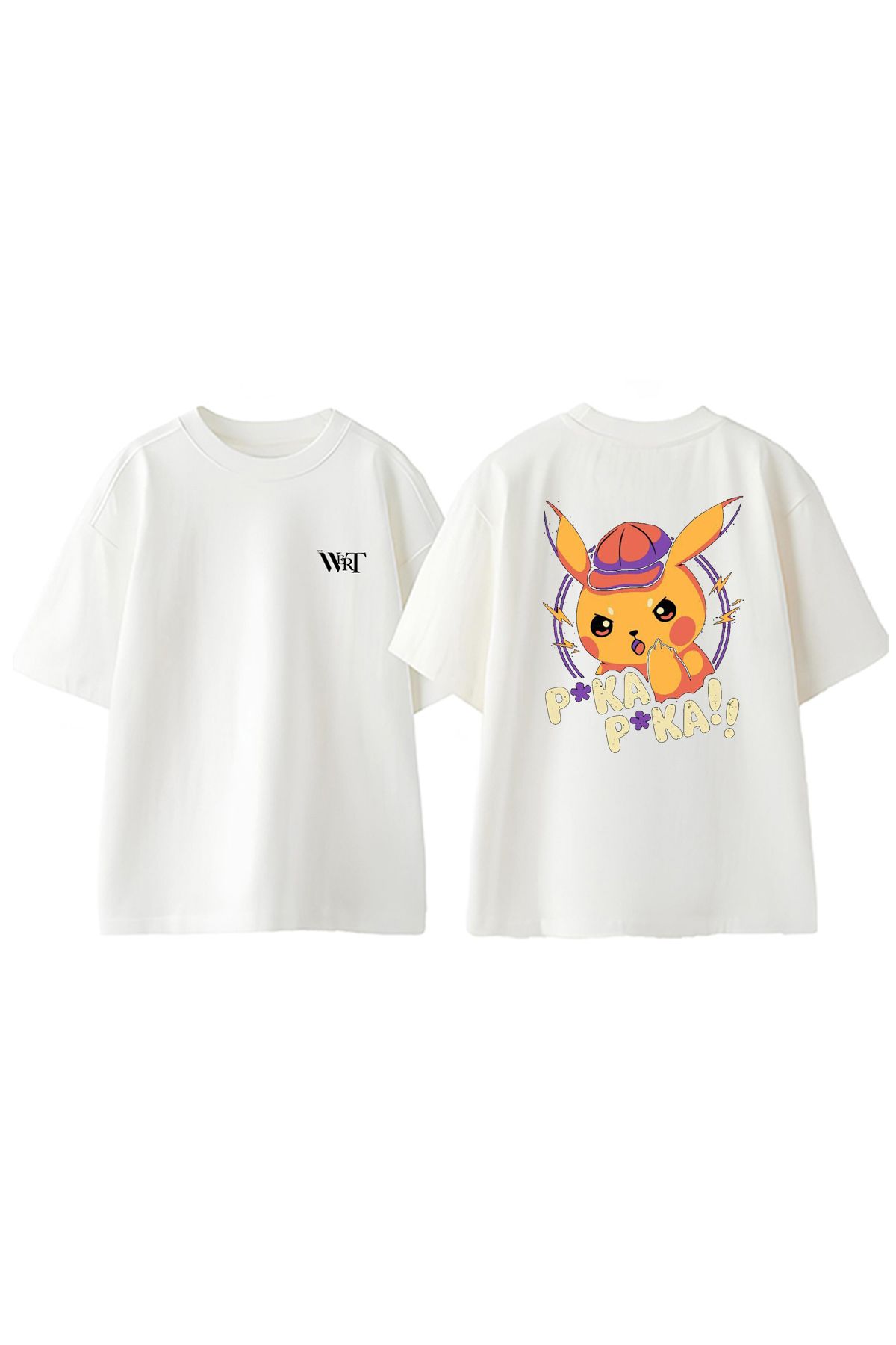 THEWERT Pikacu Pika Pika Tasarım Sırt Baskılı Pamuk Beyaz Oversize T-shirt