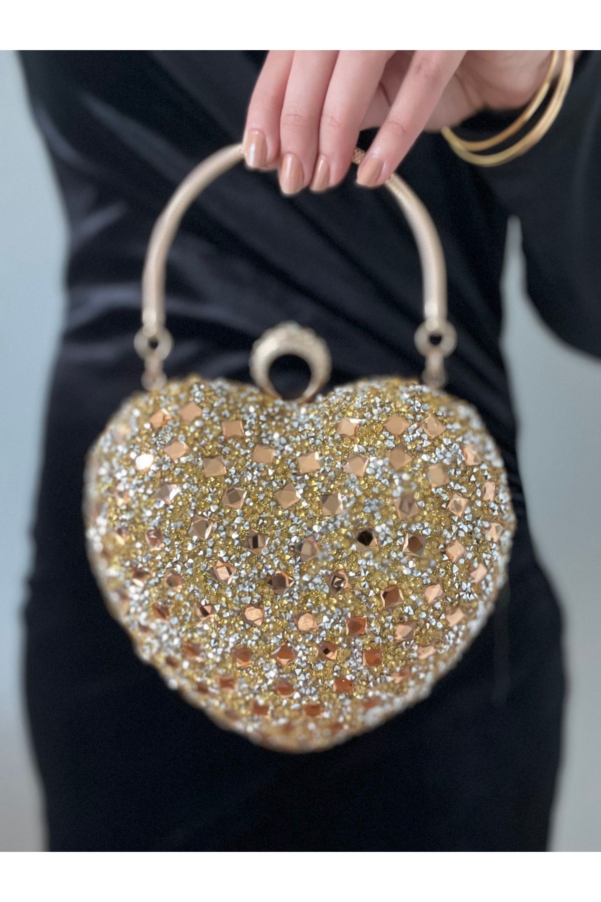 Baykuş Boutique Kalpli Abiye Çanta Kadın Kristal Taşlı El ve Omuz Askılı Abiye Çanta
