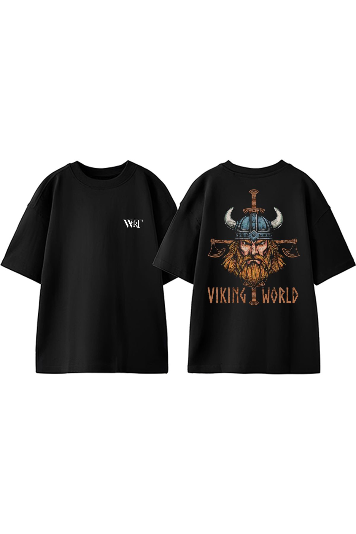THEWERT Relive The Viking World Tasarım Sırt Baskılı Pamuk Siyah Oversize T-shirt