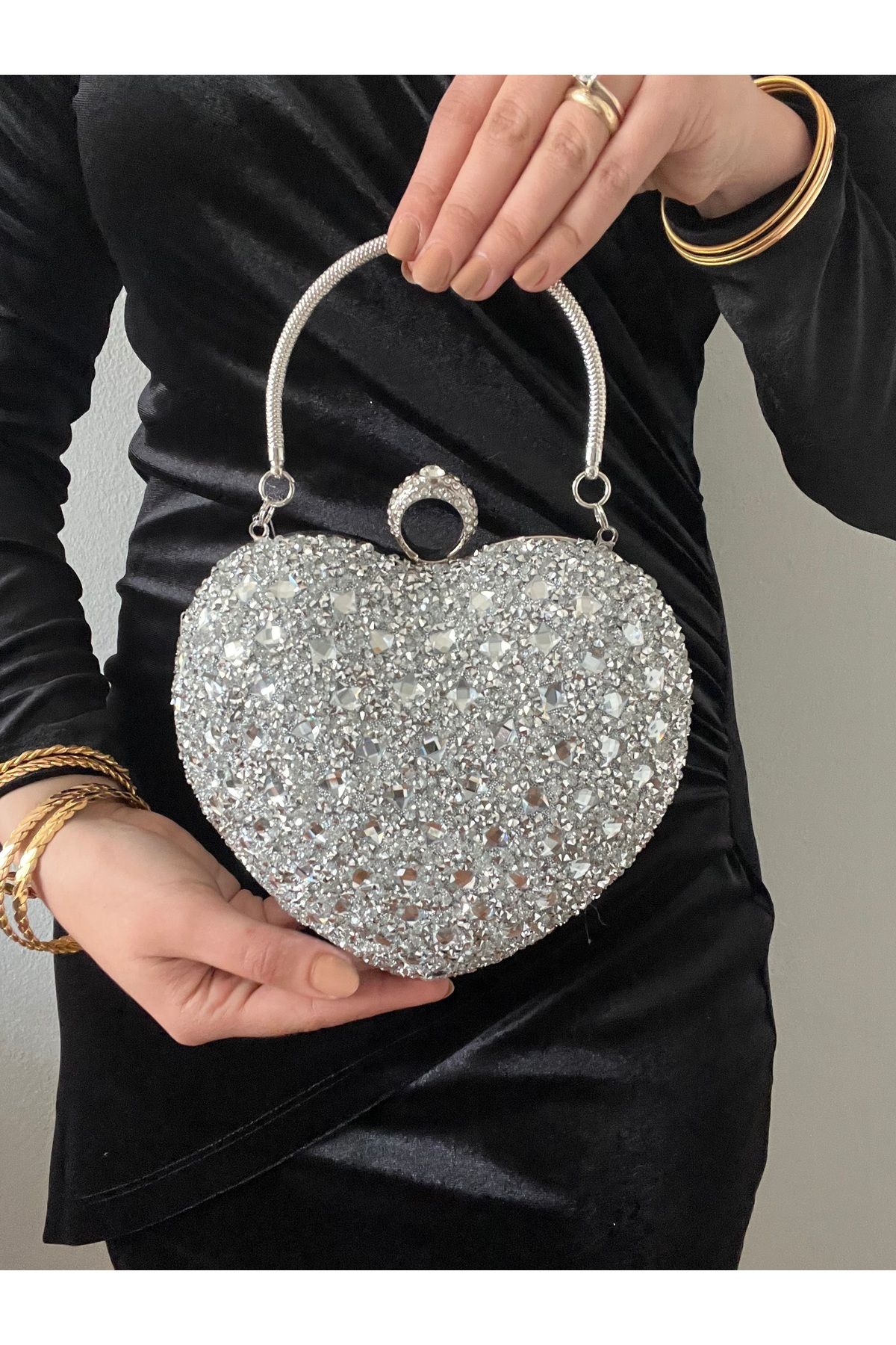 Baykuş Boutique Kalpli Abiye Çanta Kadın Kristal Taşlı El ve Omuz Askılı Abiye Çanta