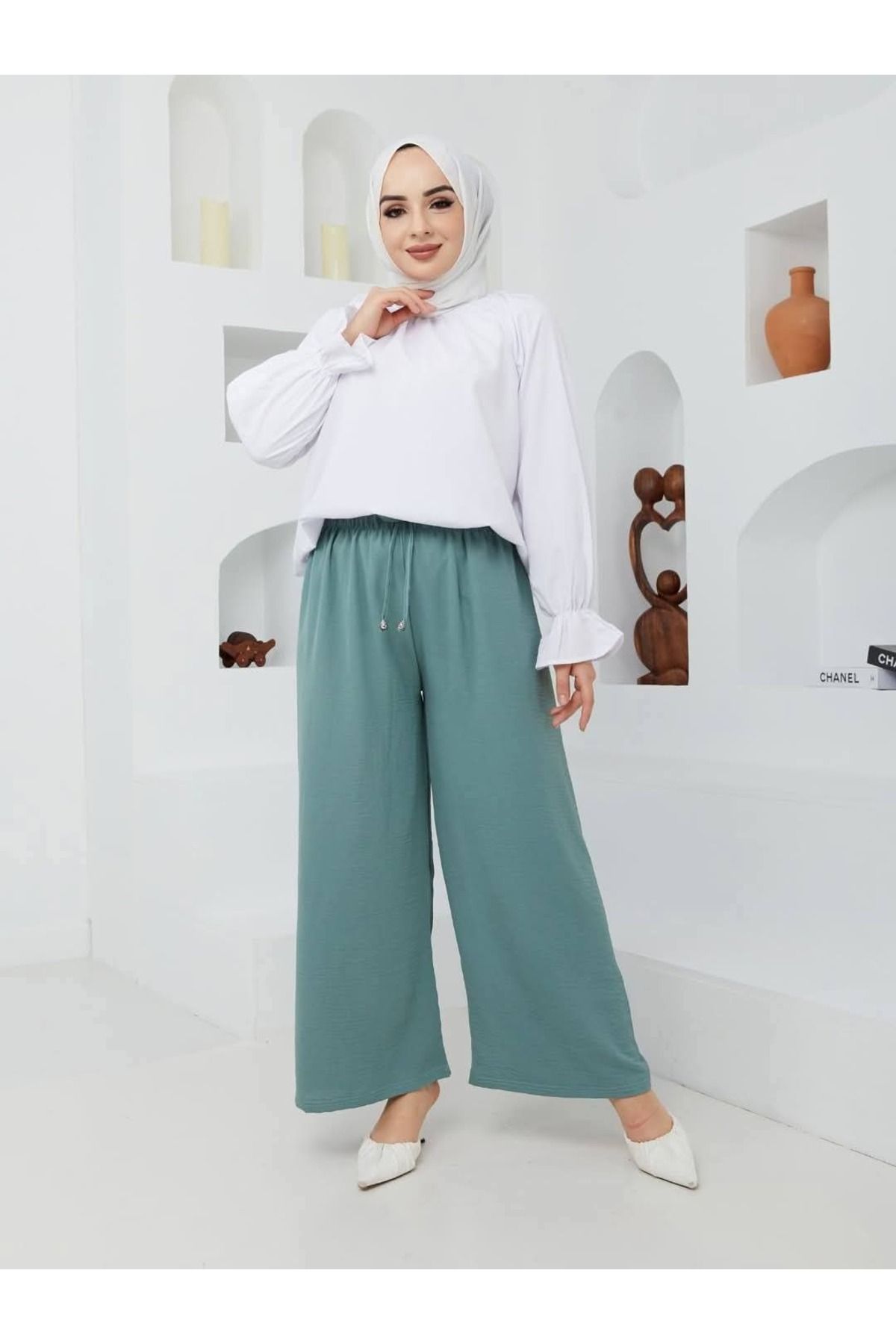 miss fasion Beli Lastikli Salaş Keten Pantolon Bol Paça